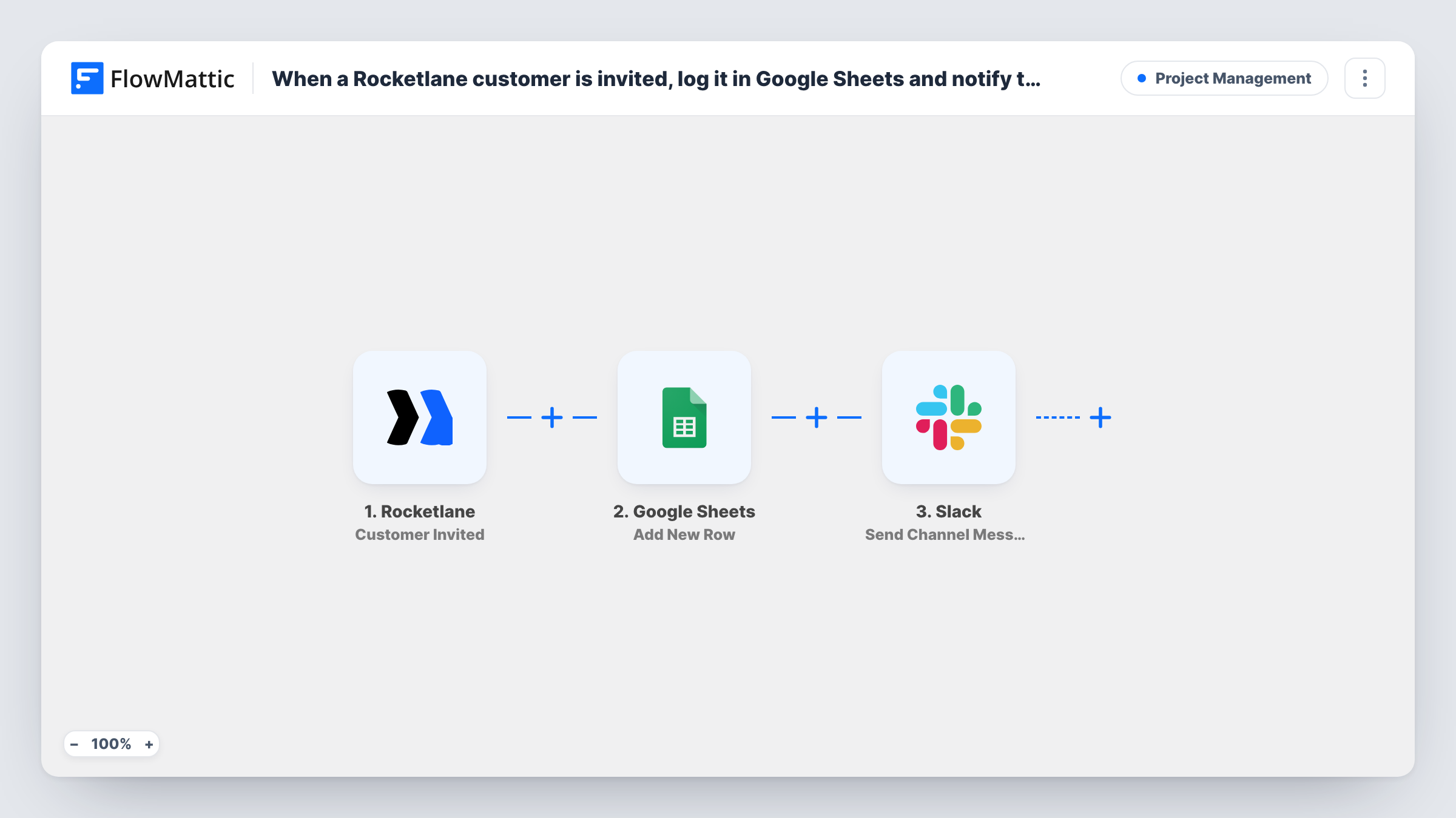 The When a Rocketlane customer is invited, log it in Google Sheets and notify the onboarding team in Slack workflow on the FlowMattic canvas, with 3 steps across Rocketlane, Google Sheets, Slack