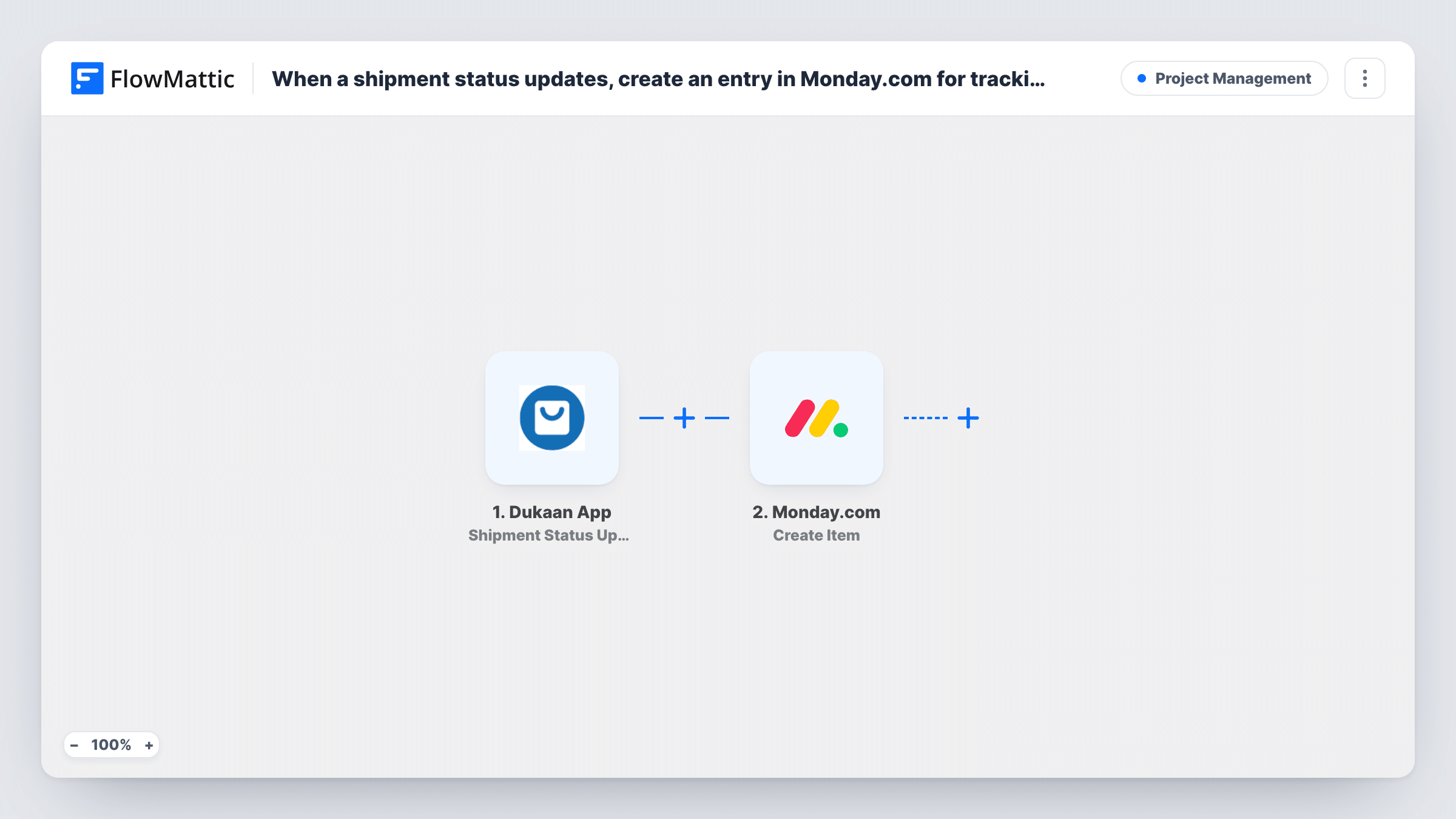 The When a shipment status updates, create an entry in Monday.com for tracking workflow on the FlowMattic canvas, with 2 steps across Dukaan App, Monday.com