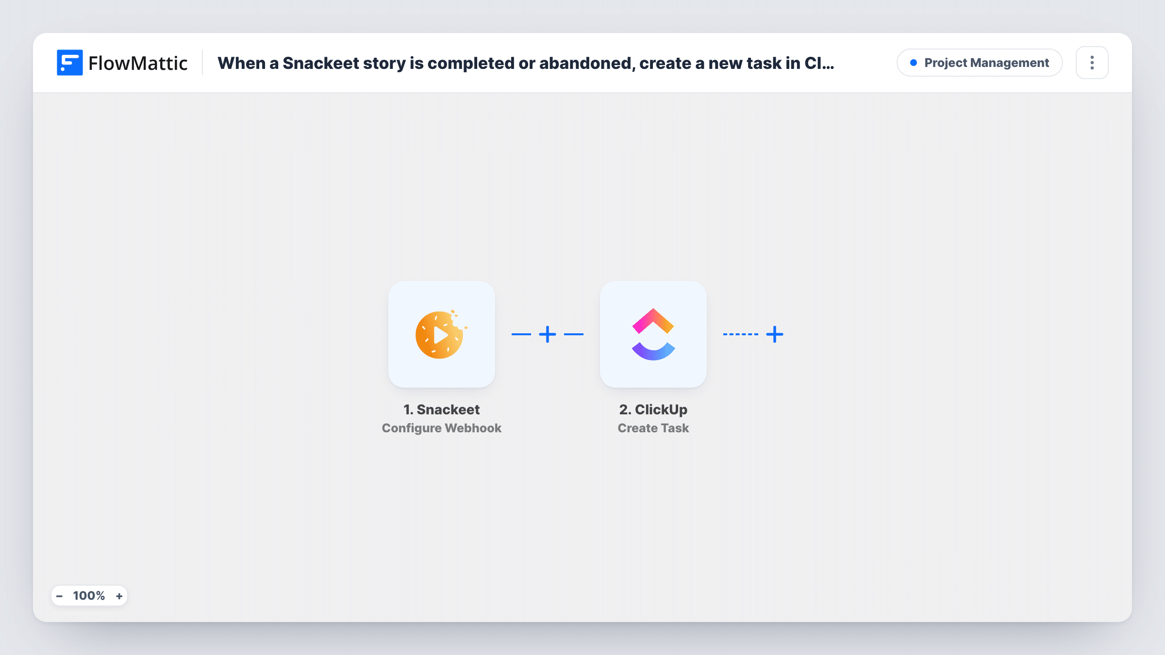 The When a Snackeet story is completed or abandoned, create a new task in ClickUp workflow on the FlowMattic canvas, with 2 steps across Snackeet, ClickUp