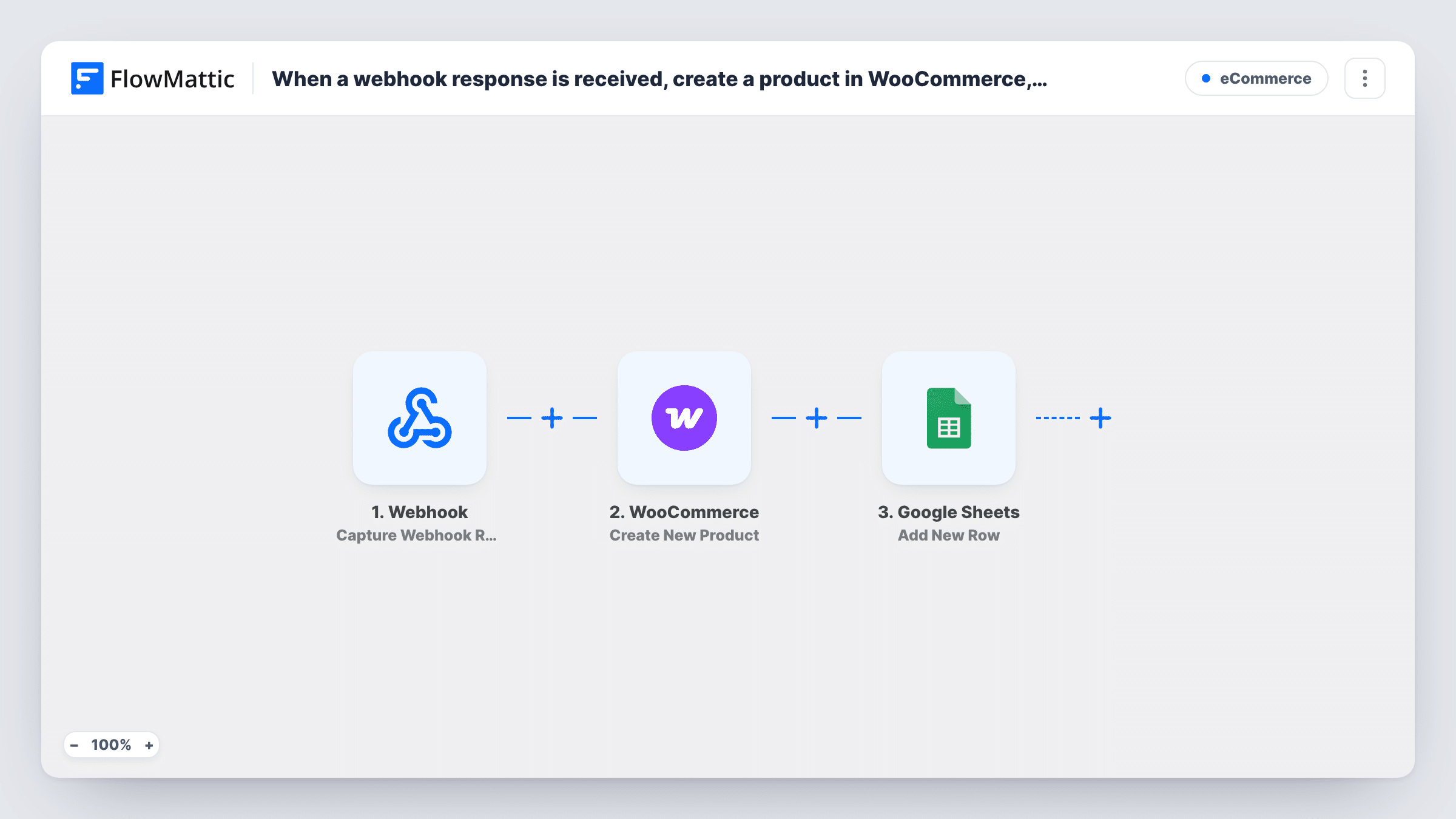 The When a webhook response is received, create a product in WooCommerce, add product details to Google Spreadsheet workflow on the FlowMattic canvas, with 3 steps across Webhook, WooCommerce, Google Sheets