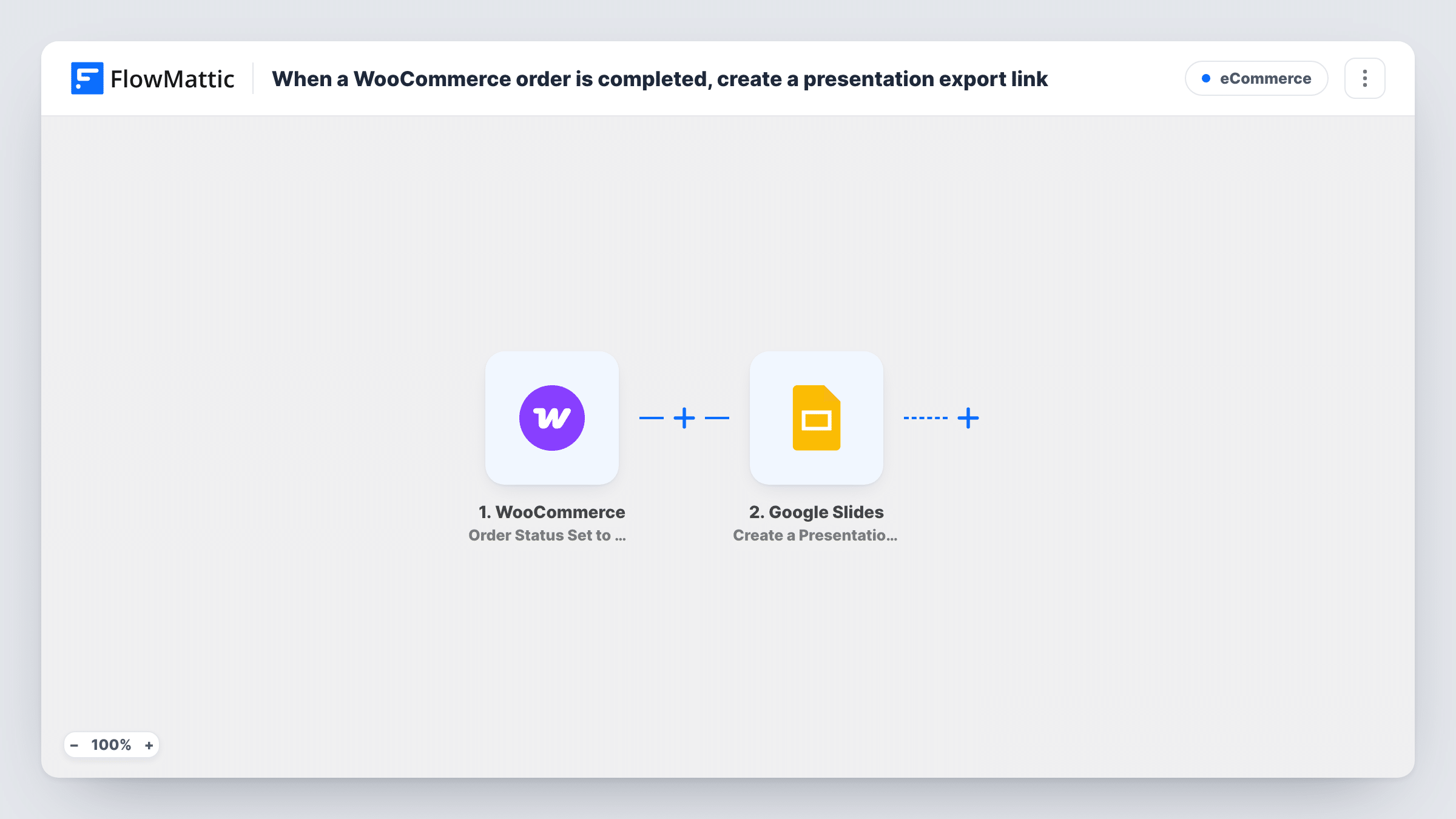 The When a WooCommerce order is completed, create a presentation export link workflow on the FlowMattic canvas, with 2 steps across WooCommerce, Google Slides