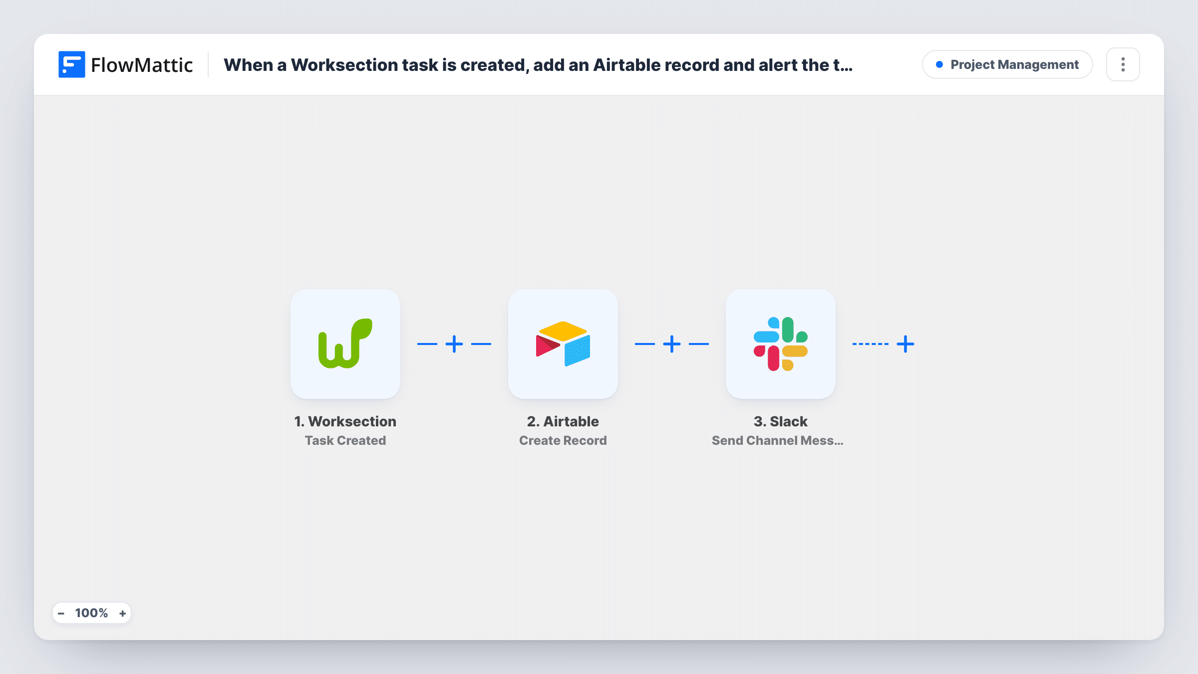 The When a Worksection task is created, add an Airtable record and alert the team in Slack workflow on the FlowMattic canvas, with 3 steps across Worksection, Airtable, Slack