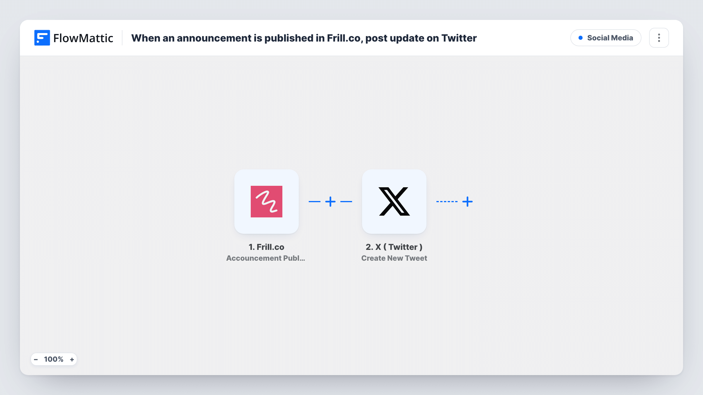The When an announcement is published in Frill.co, post update on Twitter workflow on the FlowMattic canvas, with 2 steps across Frill.co, X ( Twitter )