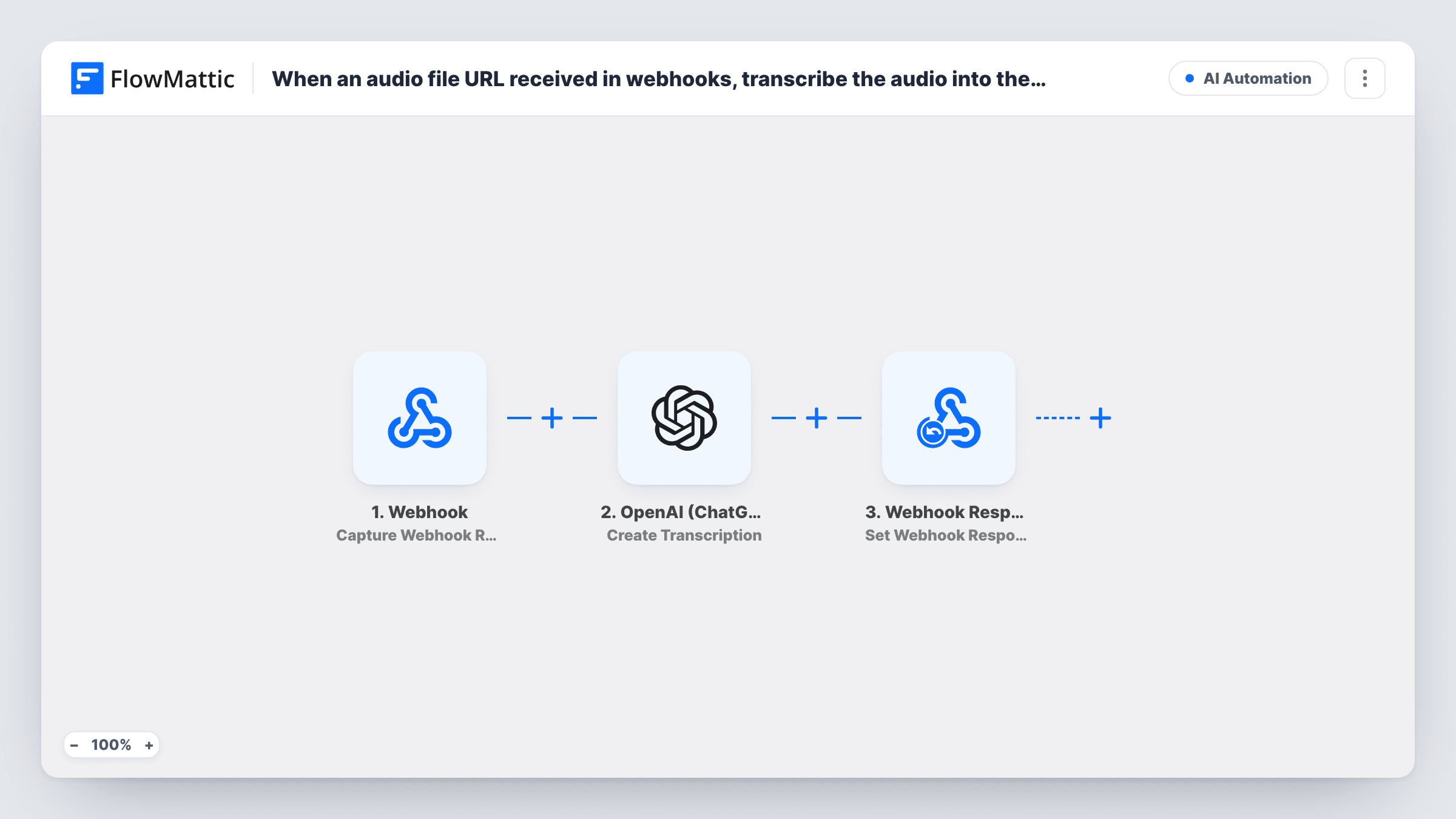 The When an audio file URL received in webhooks, transcribe the audio into the input language and display as webhook response workflow on the FlowMattic canvas, with 3 steps across Webhook, OpenAI (ChatGPT), Webhook Response