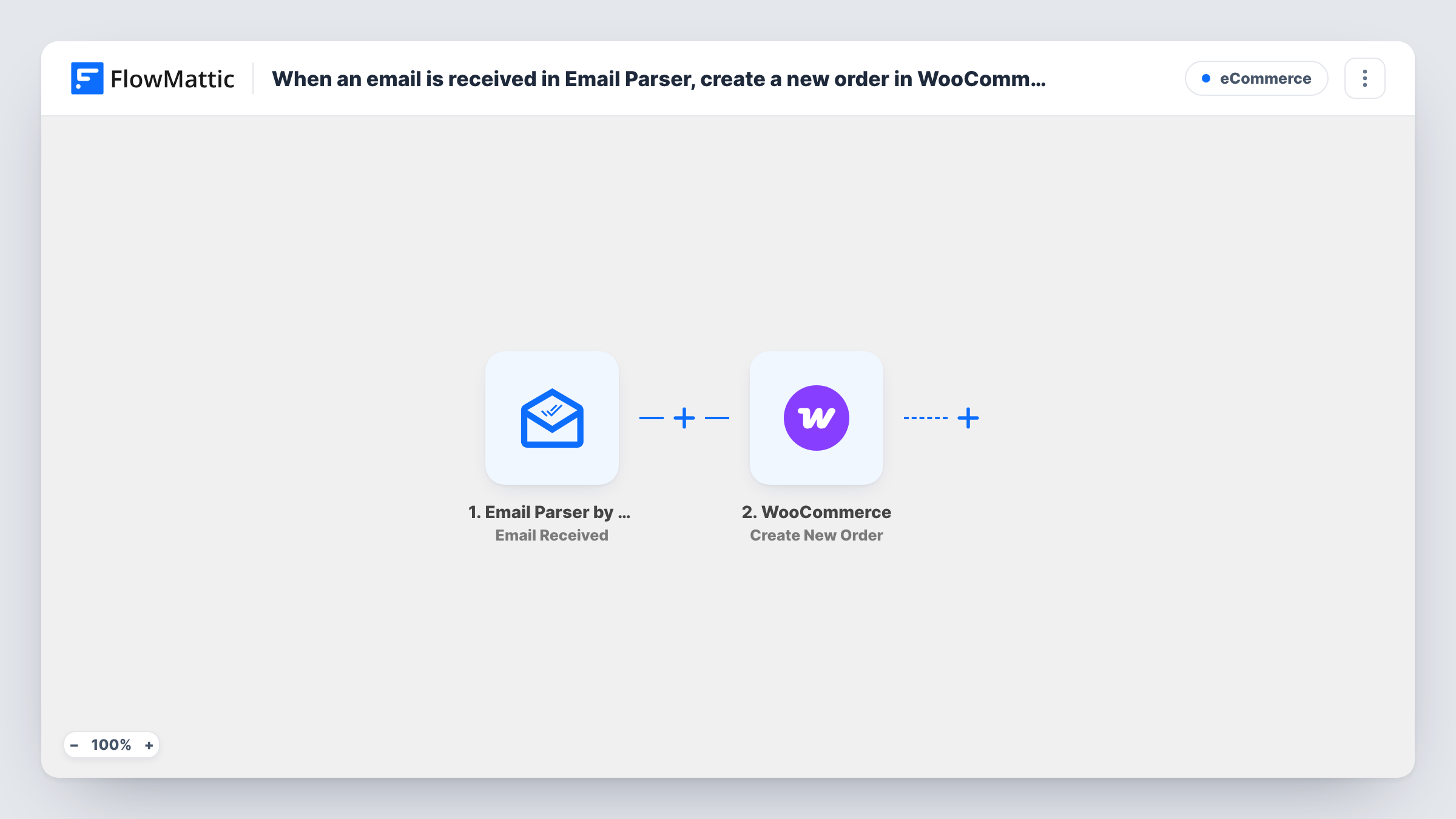 The When an email is received in Email Parser, create a new order in WooCommerce workflow on the FlowMattic canvas, with 2 steps across Email Parser by FlowMattic, WooCommerce