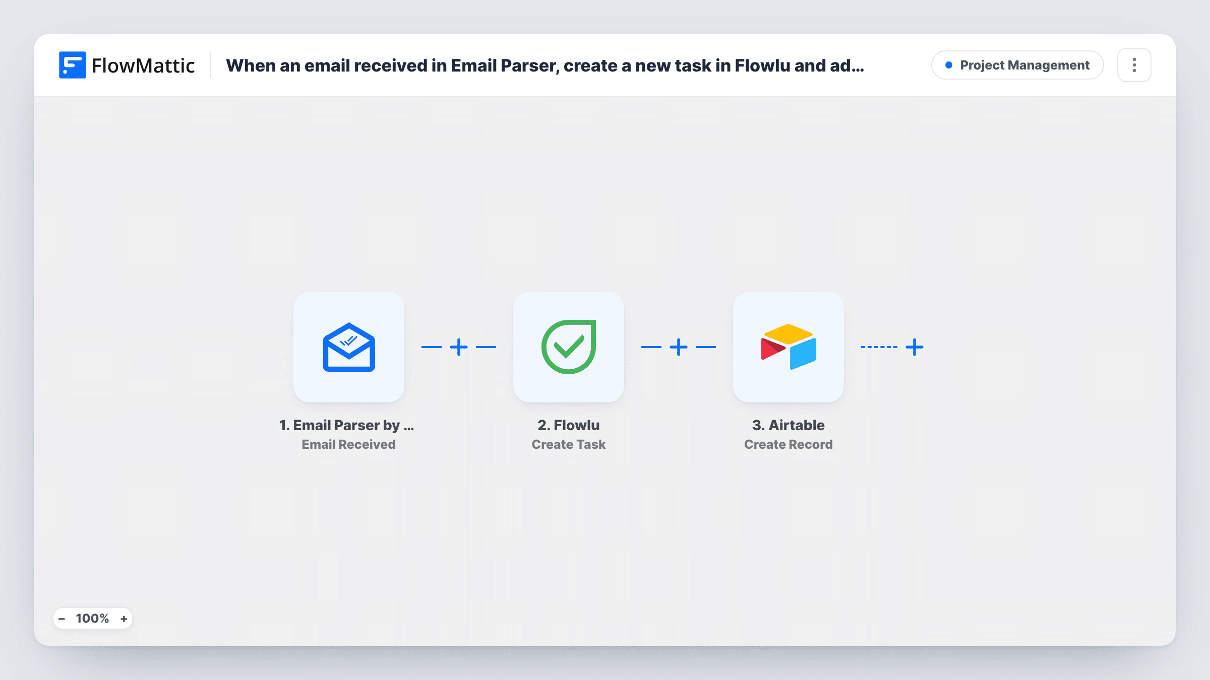 The When an email received in Email Parser, create a new task in Flowlu and add task record to Airtable workflow on the FlowMattic canvas, with 3 steps across Email Parser by FlowMattic, Flowlu, Airtable