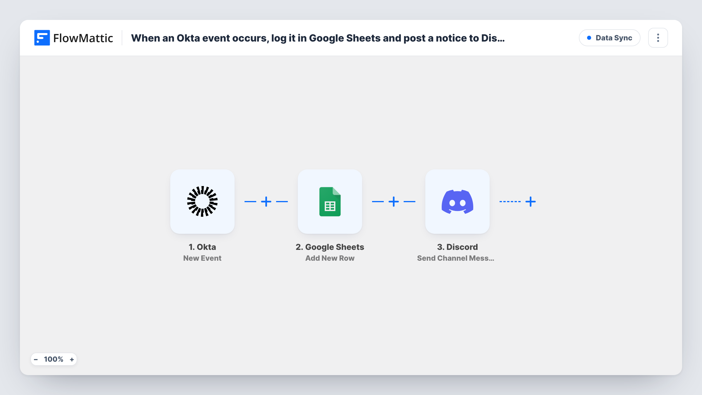 The When an Okta event occurs, log it in Google Sheets and post a notice to Discord workflow on the FlowMattic canvas, with 3 steps across Okta, Google Sheets, Discord