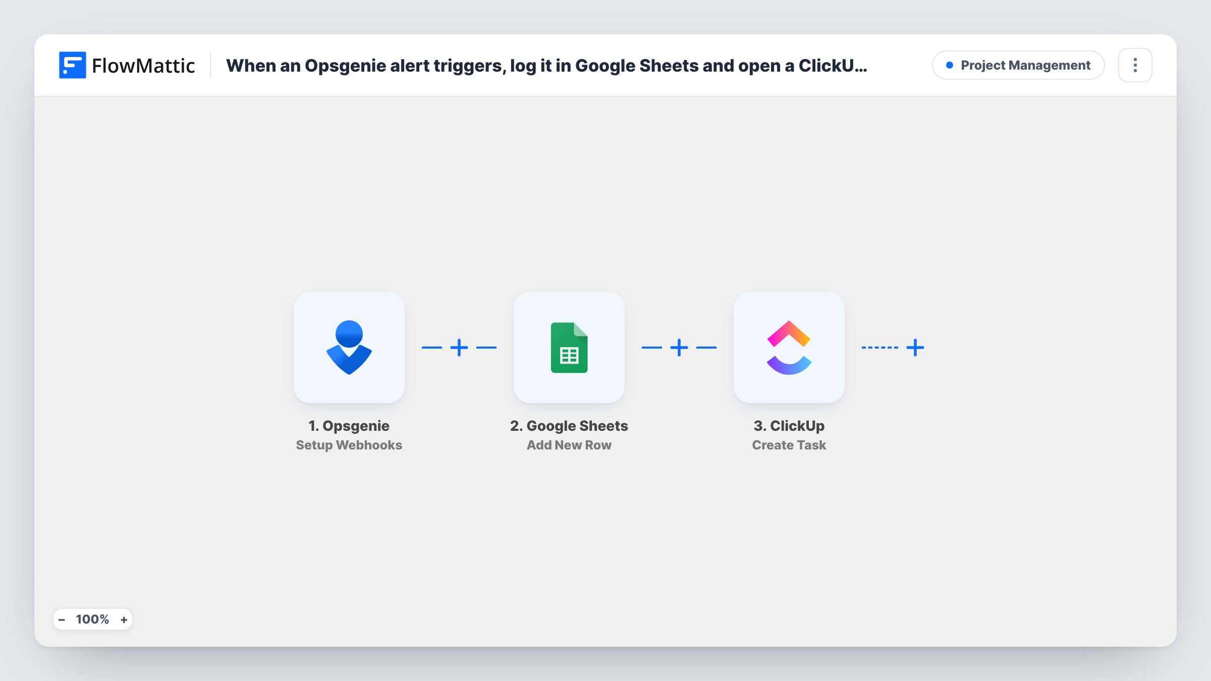 The When an Opsgenie alert triggers, log it in Google Sheets and open a ClickUp task for the responder workflow on the FlowMattic canvas, with 3 steps across Opsgenie, Google Sheets, ClickUp