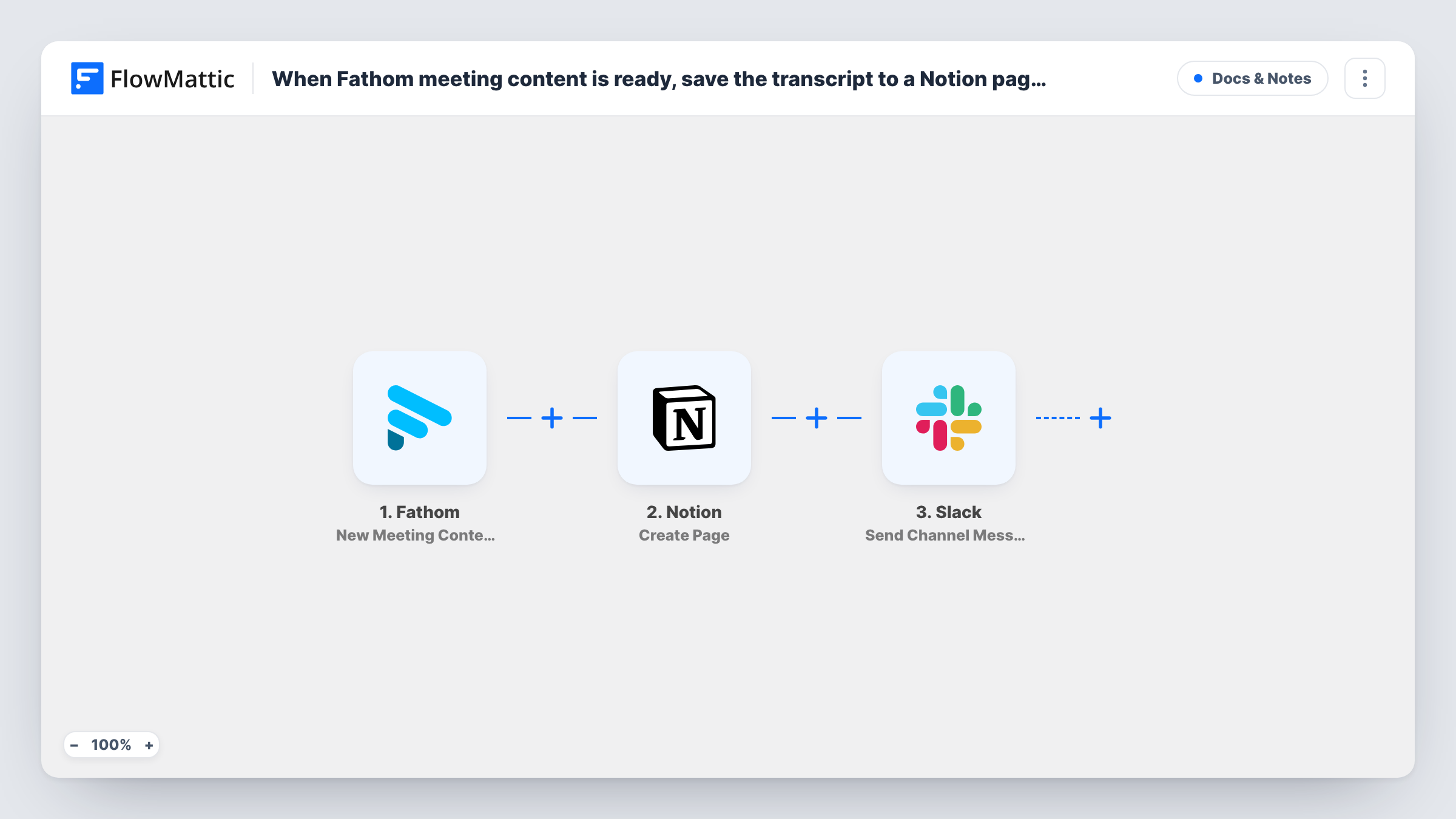 The When Fathom meeting content is ready, save the transcript to a Notion page and notify the team in Slack workflow on the FlowMattic canvas, with 3 steps across Fathom, Notion, Slack