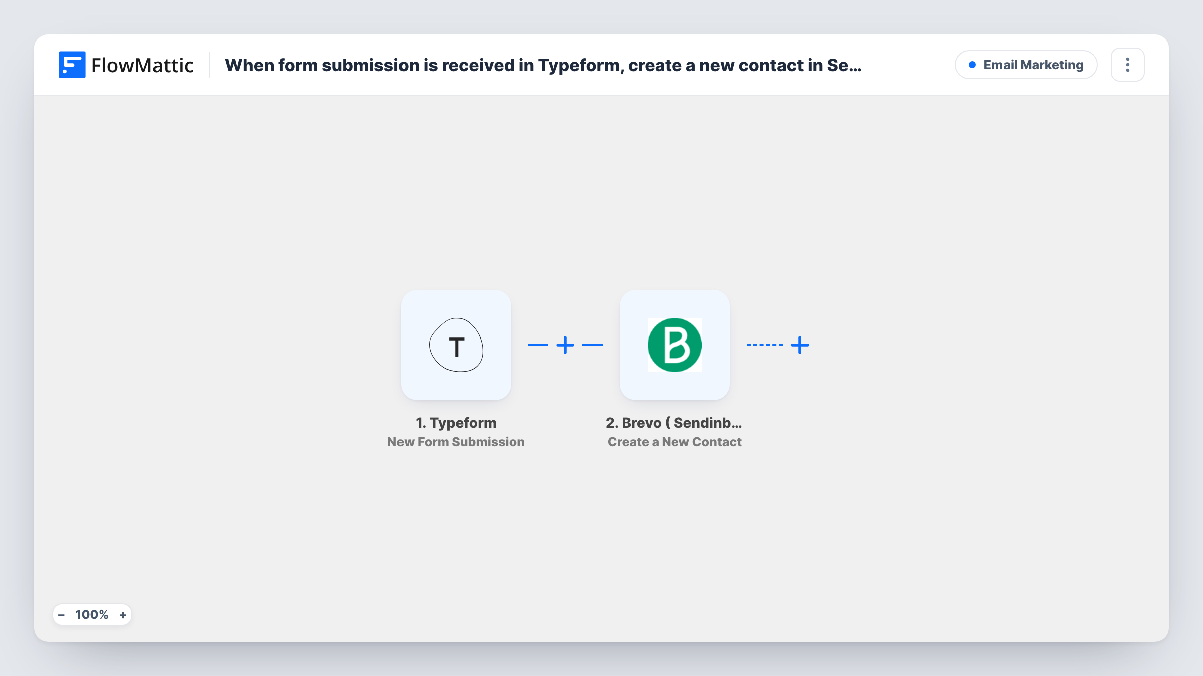 The When form submission is received in Typeform, create a new contact in Sendinblue workflow on the FlowMattic canvas, with 2 steps across Typeform, Brevo ( Sendinblue )
