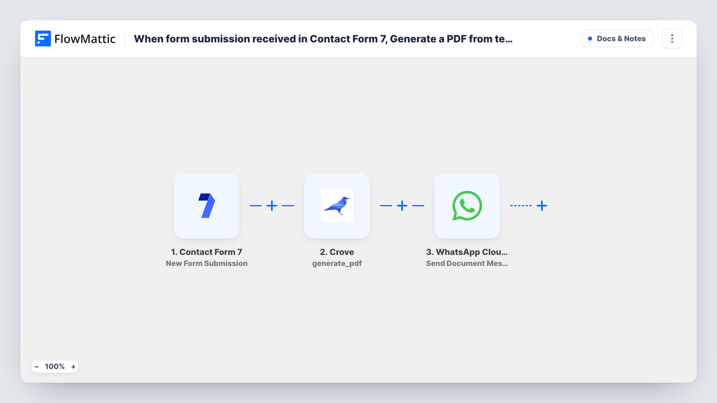The When form submission received in Contact Form 7, Generate a PDF from template in Crove and send it to WhatsApp number of user workflow on the FlowMattic canvas, with 3 steps across Contact Form 7, Crove, WhatsApp Cloud API