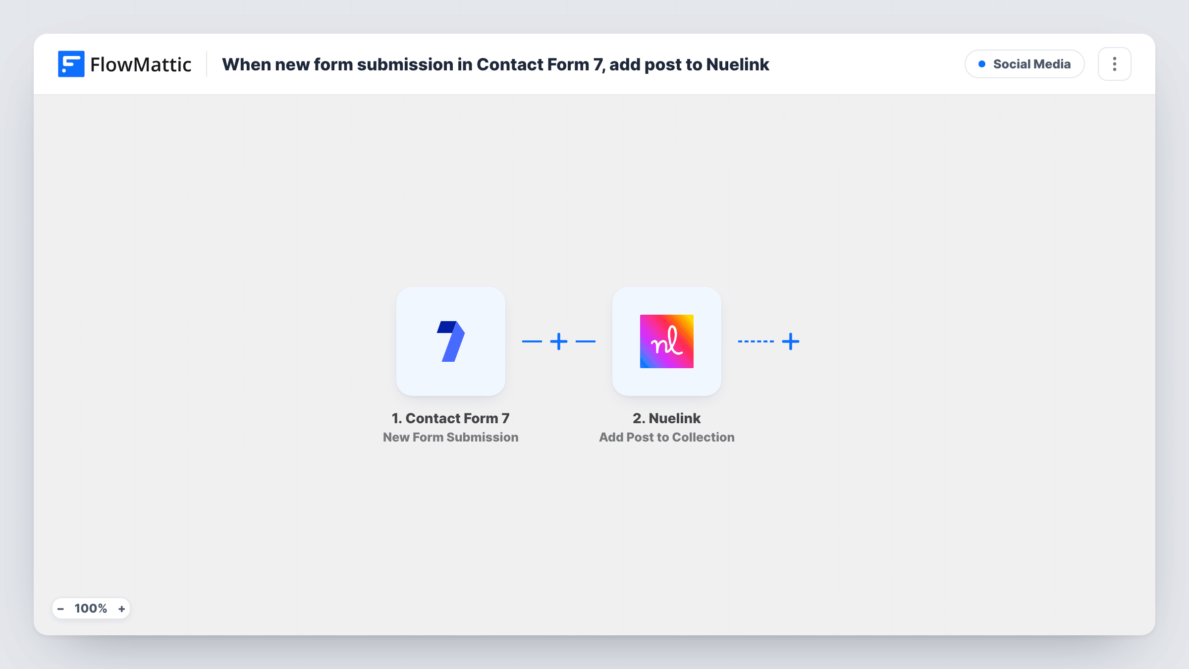 The When new form submission in Contact Form 7, add post to Nuelink workflow on the FlowMattic canvas, with 2 steps across Contact Form 7, Nuelink