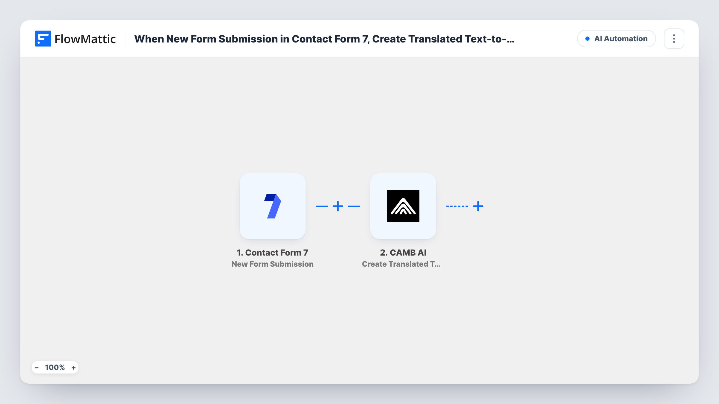 The When New Form Submission in Contact Form 7, Create Translated Text-to-Speech in CAMB AI workflow on the FlowMattic canvas, with 2 steps across Contact Form 7, CAMB AI