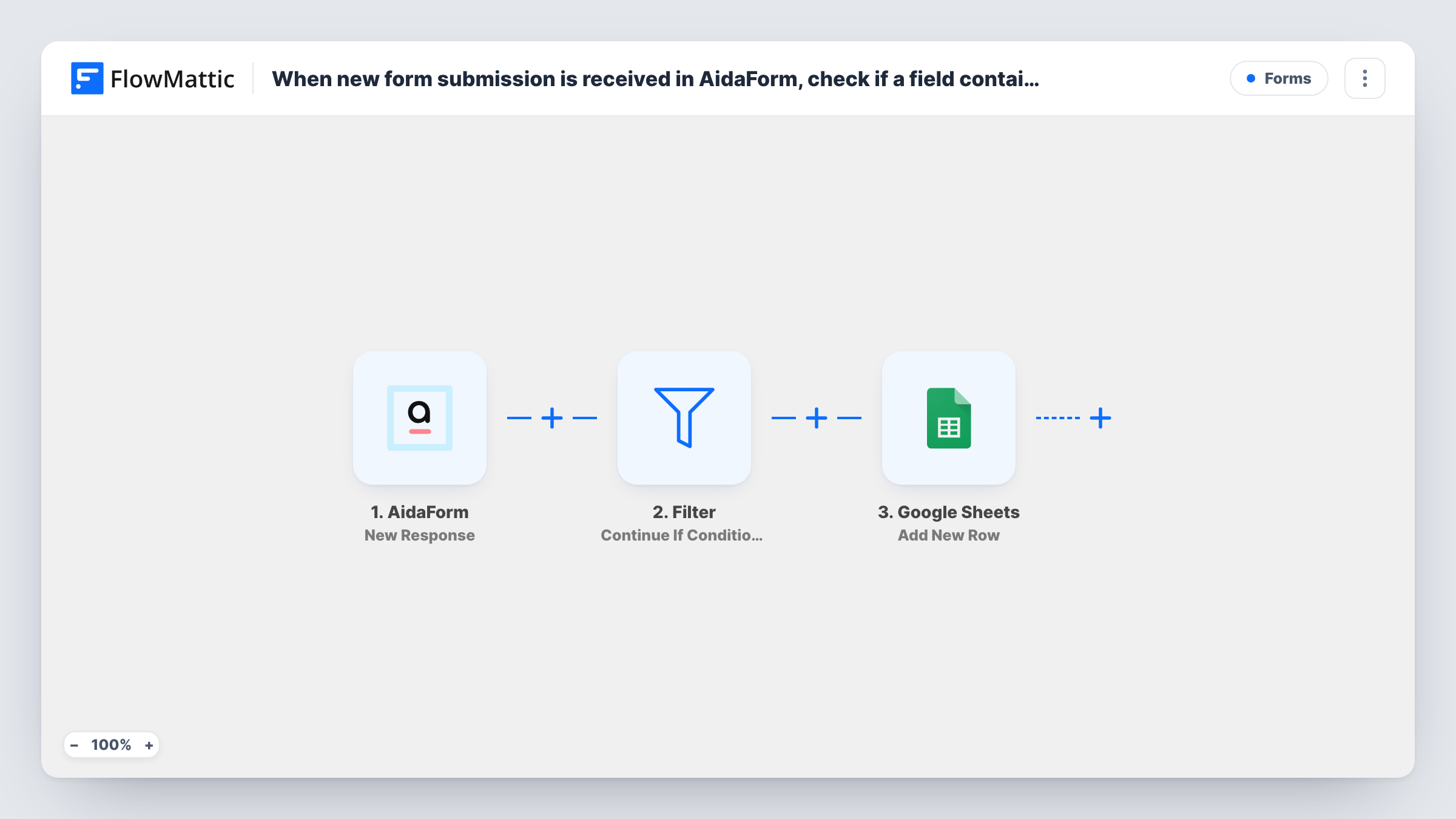 When new form submission is received in AidaForm, check if a field contains a word using Filters, and add the data to Google Spreadsheet