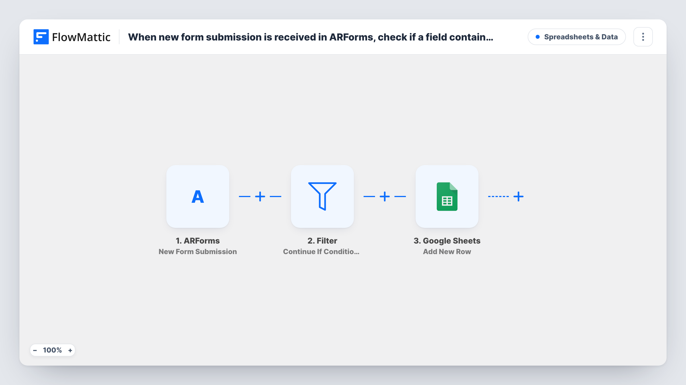 When new form submission is received in ARForms, check if a field contains a word using Filters, and add the data to Google Spreadsheet