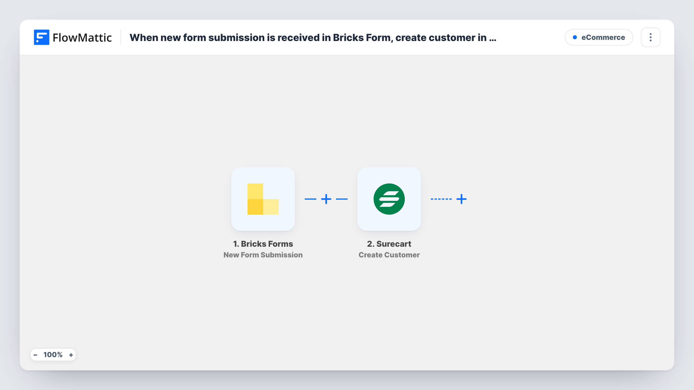 The When new form submission is received in Bricks Form, create customer in SureCart workflow on the FlowMattic canvas, with 2 steps across Bricks Forms, Surecart