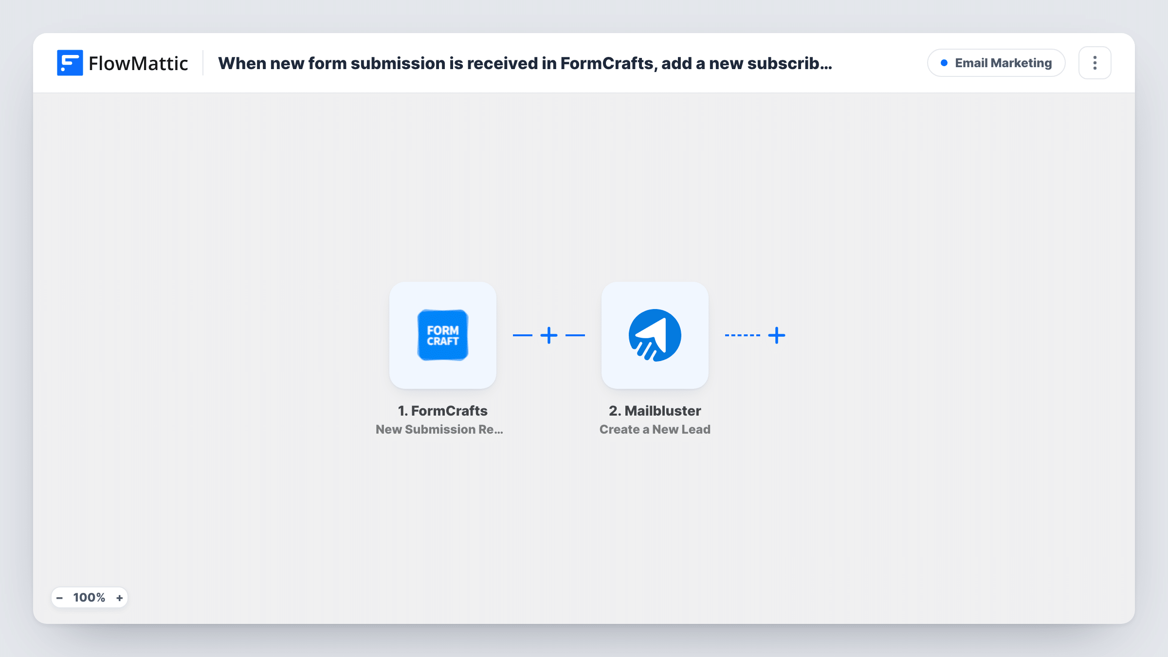 The When new form submission is received in FormCrafts, add a new subscriber in Mailbluster workflow on the FlowMattic canvas, with 2 steps across FormCrafts, Mailbluster