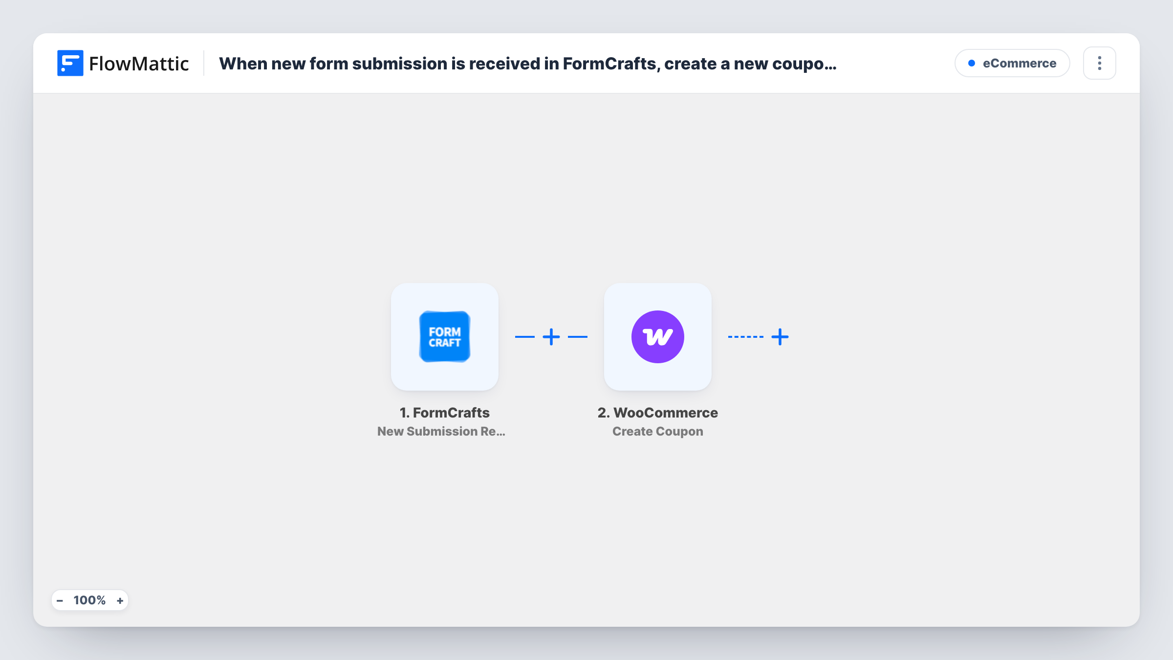 The When new form submission is received in FormCrafts, create a new coupon in WooCommerce workflow on the FlowMattic canvas, with 2 steps across FormCrafts, WooCommerce
