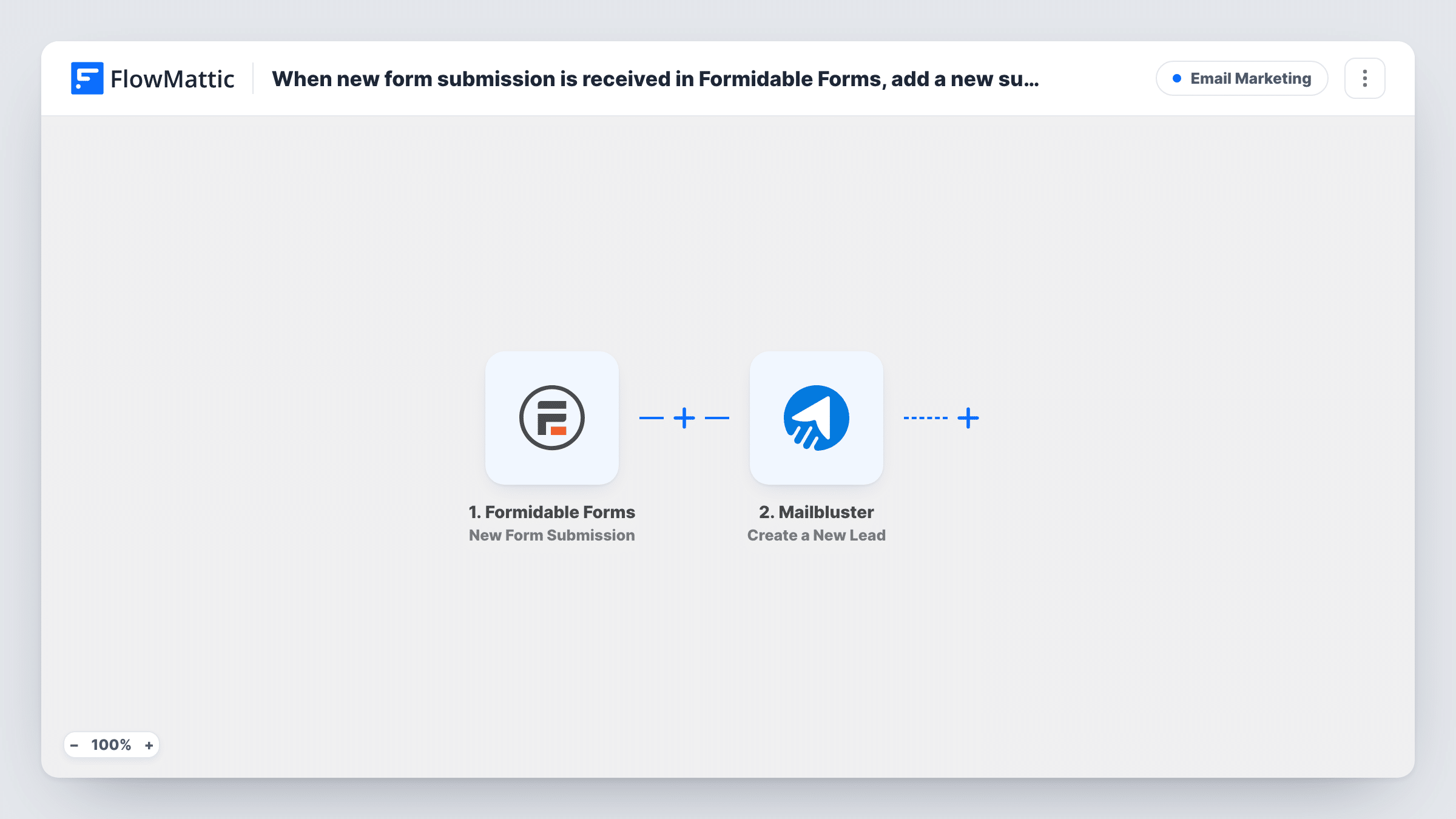 The When new form submission is received in Formidable Forms, add a new subscriber in Mailbluster workflow on the FlowMattic canvas, with 2 steps across Formidable Forms, Mailbluster
