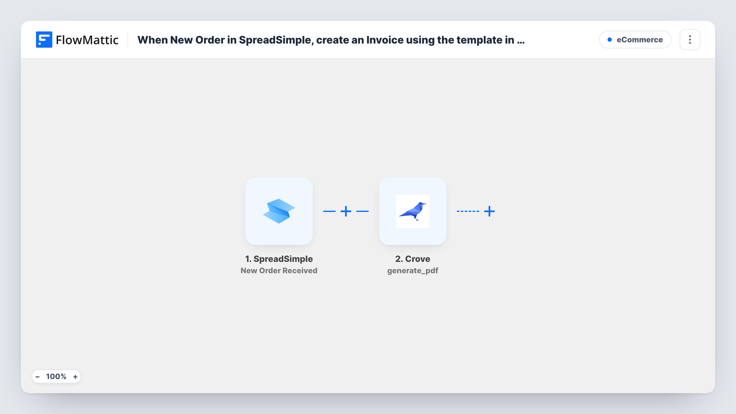 The When New Order in SpreadSimple, create an Invoice using the template in Crove workflow on the FlowMattic canvas, with 2 steps across SpreadSimple, Crove