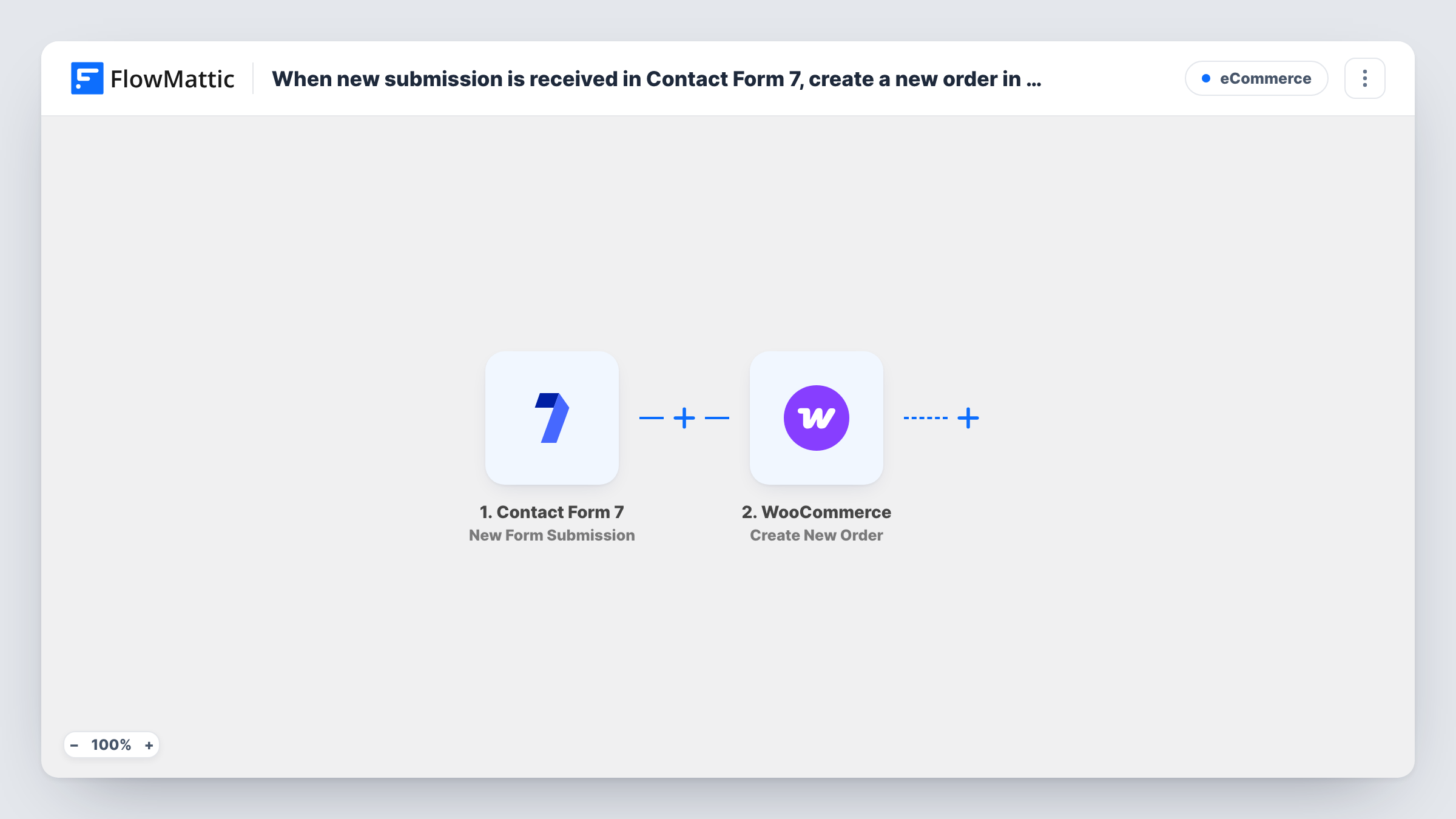 The When new submission is received in Contact Form 7, create a new order in WooCommerce workflow on the FlowMattic canvas, with 2 steps across Contact Form 7, WooCommerce