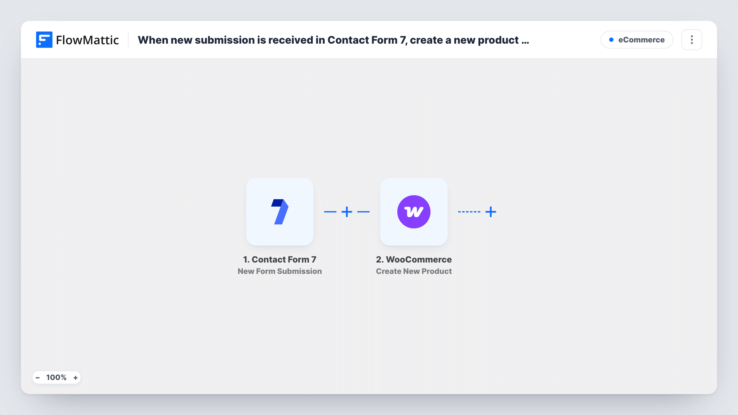 The When new submission is received in Contact Form 7, create a new product in WooCommerce workflow on the FlowMattic canvas, with 2 steps across Contact Form 7, WooCommerce