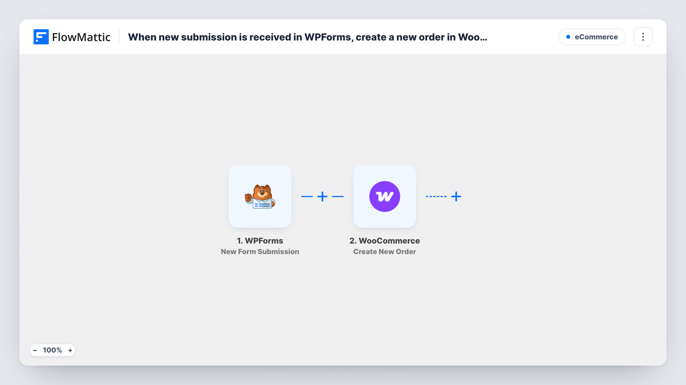 The When new submission is received in WPForms, create a new order in WooCommerce workflow on the FlowMattic canvas, with 2 steps across WPForms, WooCommerce