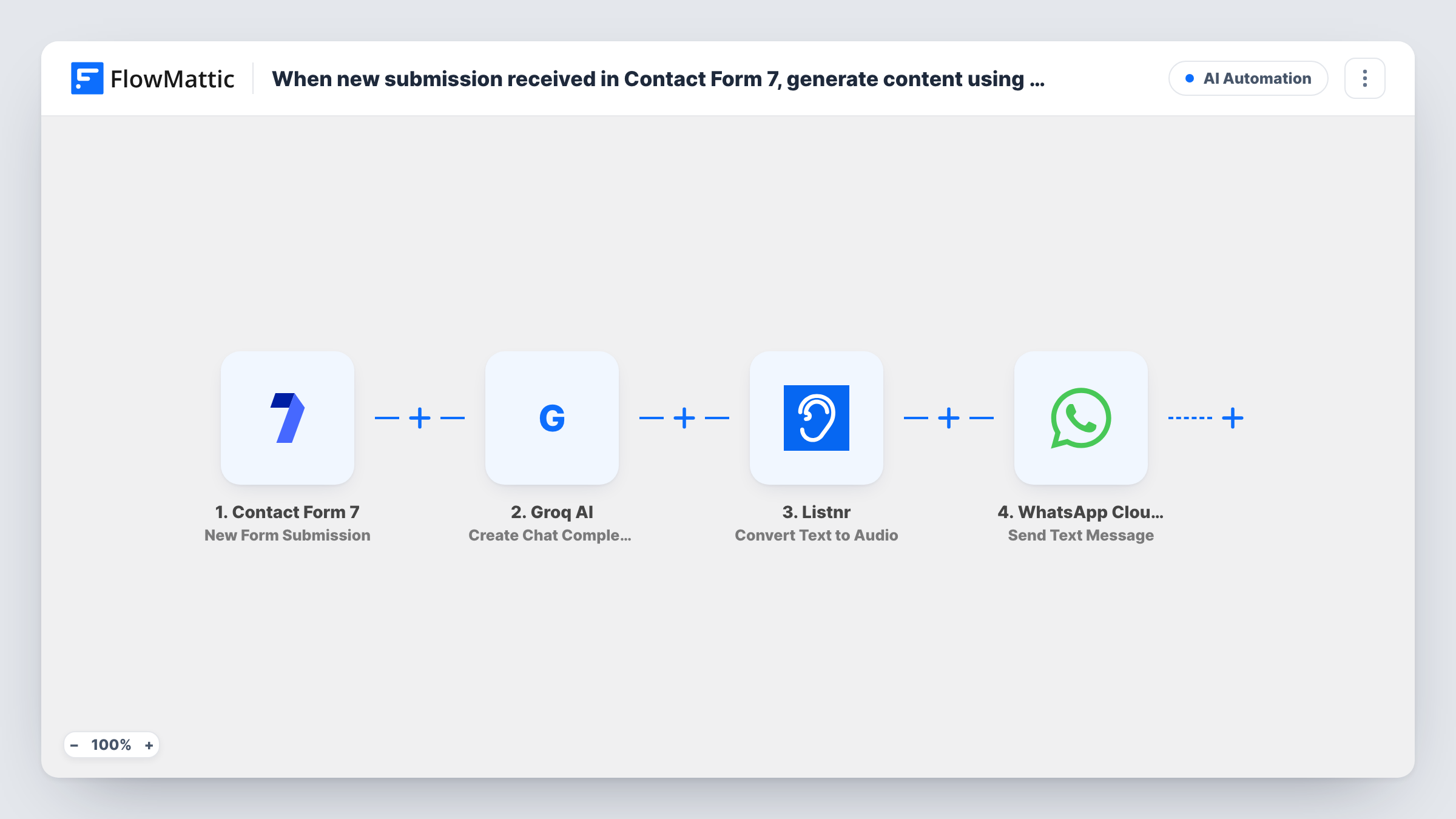 When new submission received in Contact Form 7, generate content using Groq AI, generate an audio from the content using Listnr, and send the audio to user’s WhatsApp