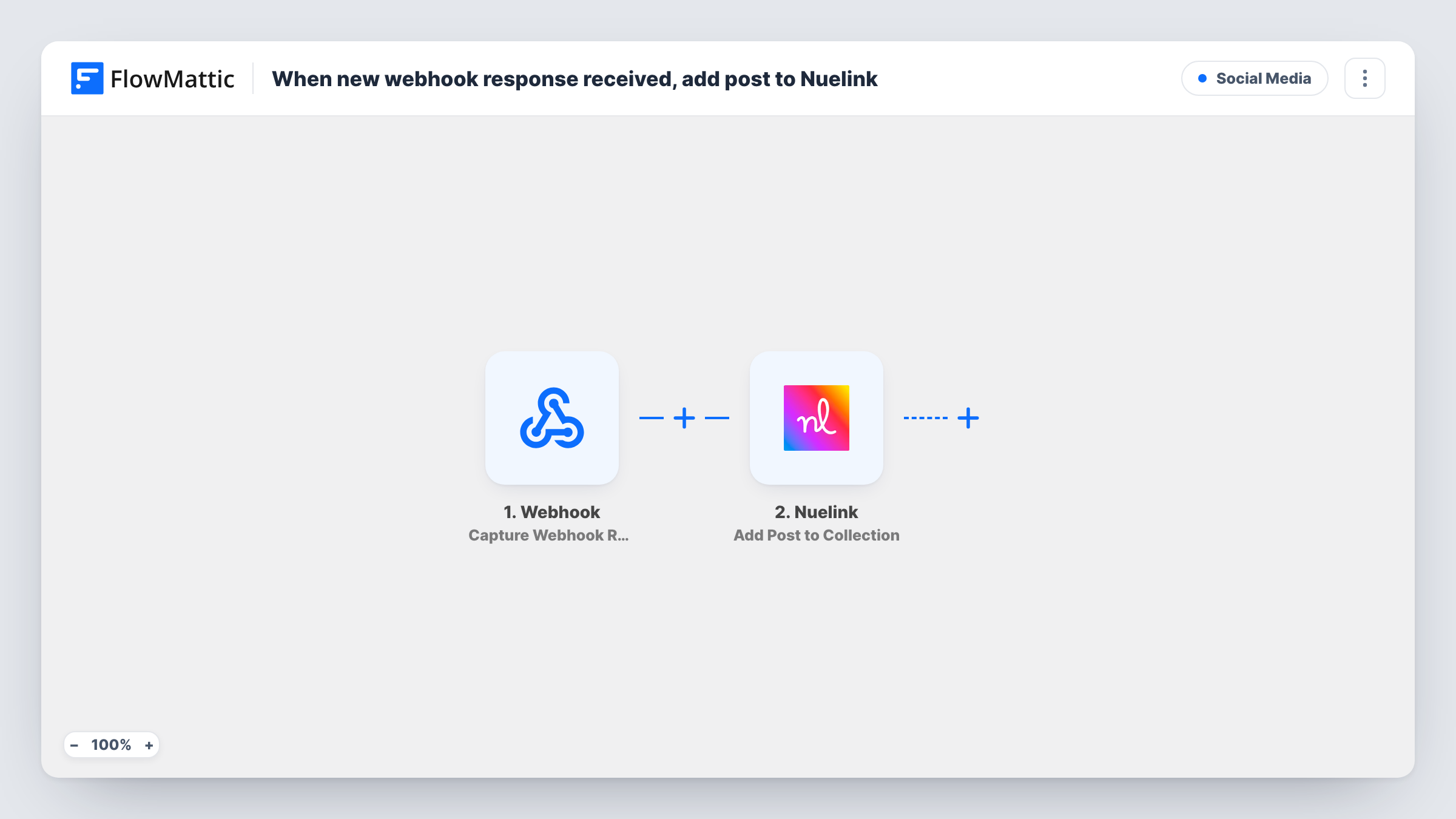 The When new webhook response received, add post to Nuelink workflow on the FlowMattic canvas, with 2 steps across Webhook, Nuelink