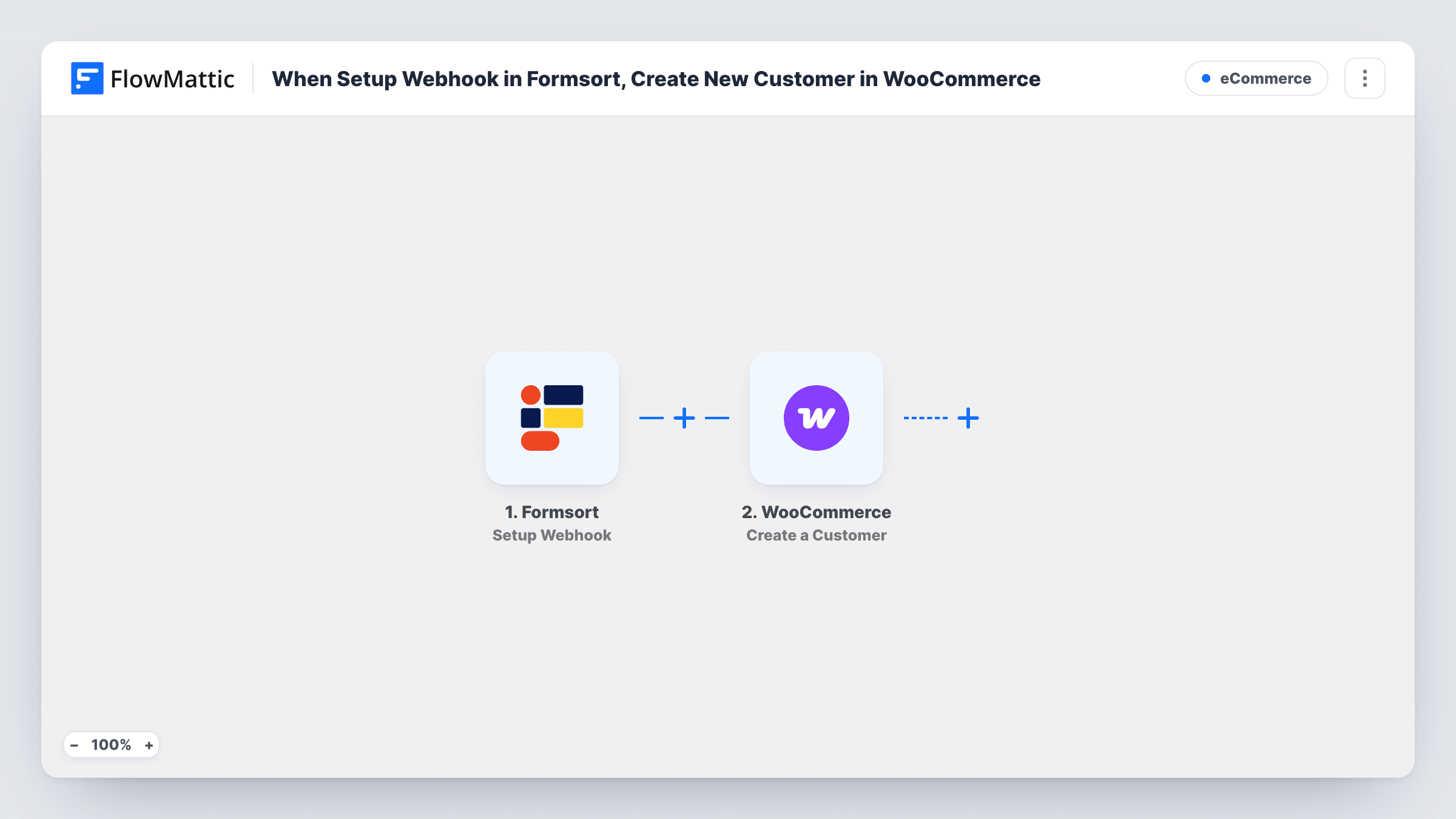 The When Setup Webhook in Formsort, Create New Customer in WooCommerce workflow on the FlowMattic canvas, with 2 steps across Formsort, WooCommerce