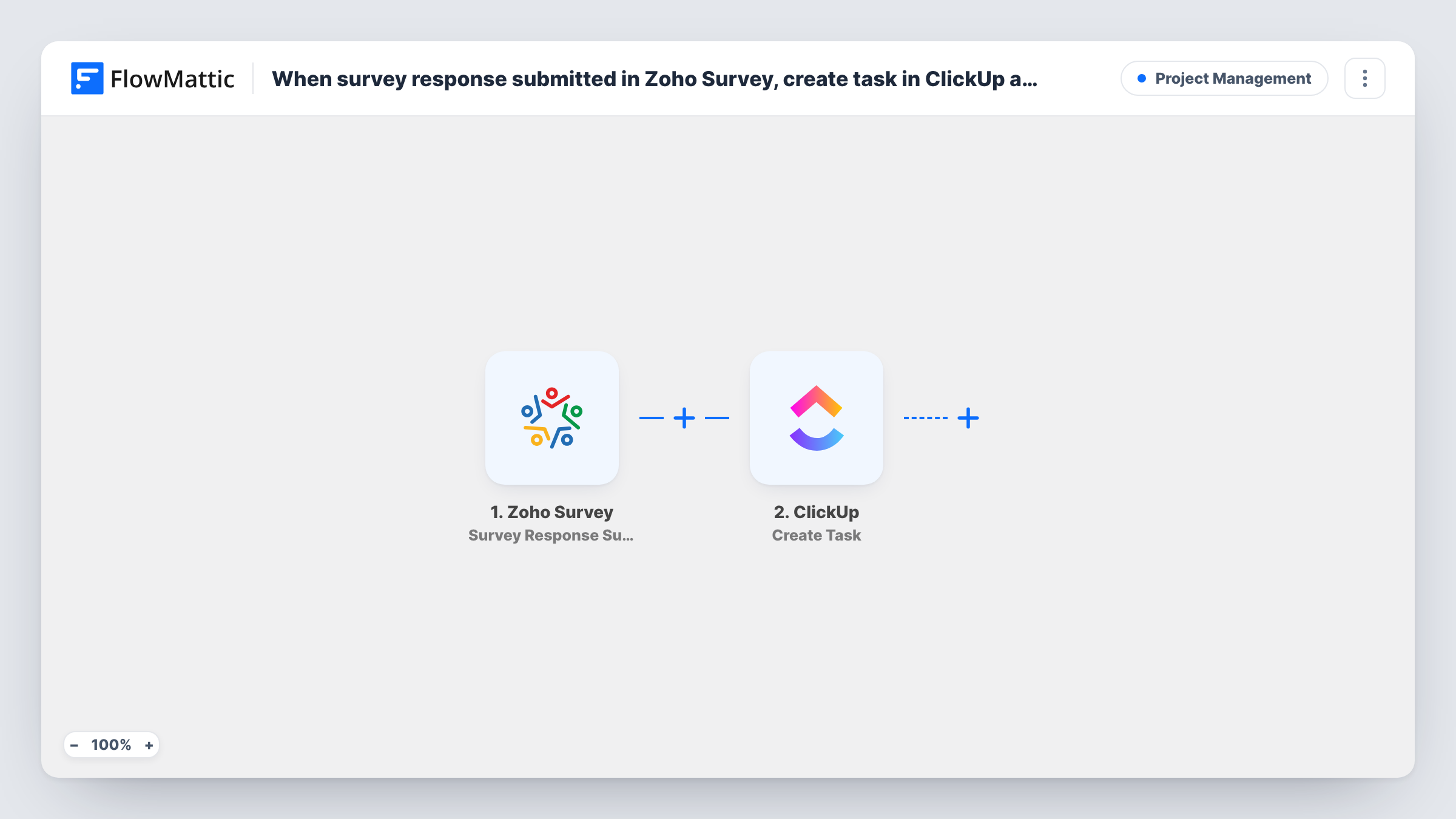 The When survey response submitted in Zoho Survey, create task in ClickUp assigned to product team with feedback details workflow on the FlowMattic canvas, with 2 steps across Zoho Survey, ClickUp