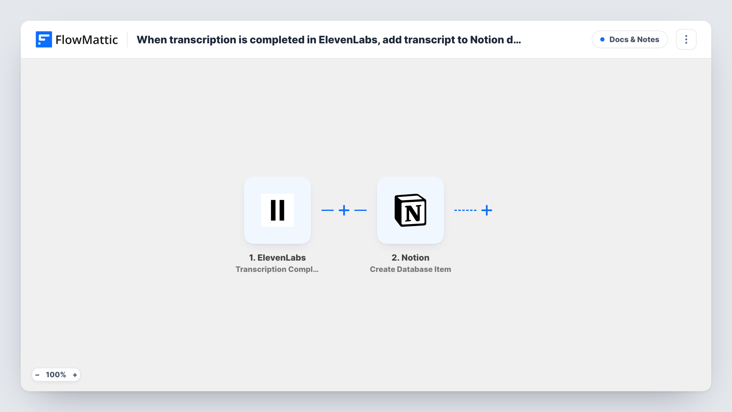 The When transcription is completed in ElevenLabs, add transcript to Notion databases workflow on the FlowMattic canvas, with 2 steps across ElevenLabs, Notion