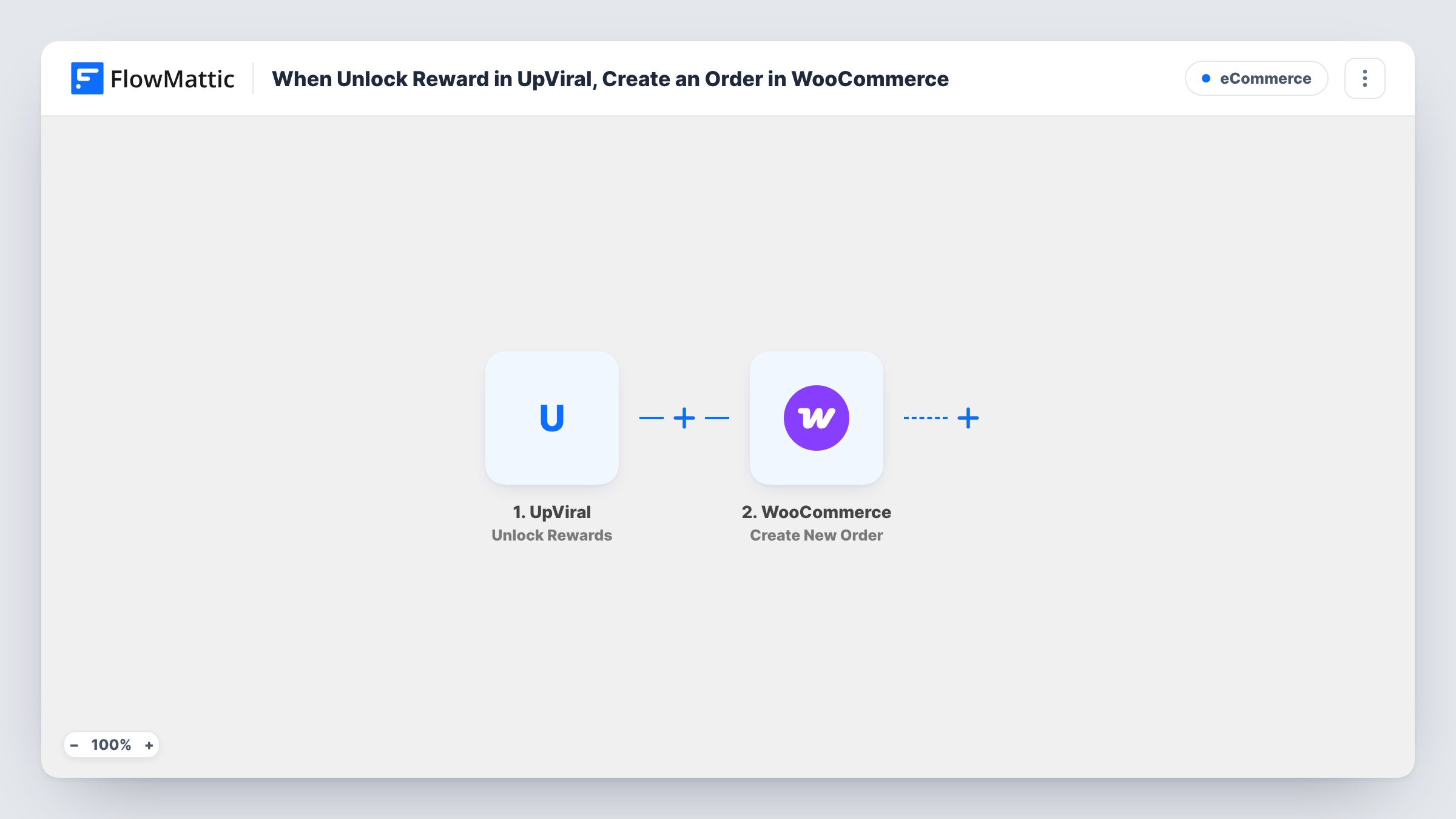 The When Unlock Reward in UpViral, Create an Order in WooCommerce workflow on the FlowMattic canvas, with 2 steps across UpViral, WooCommerce