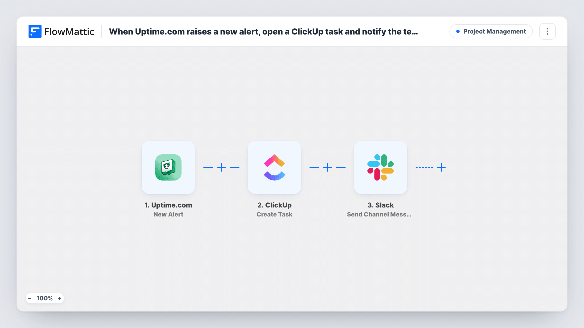 The When Uptime.com raises a new alert, open a ClickUp task and notify the team in Slack workflow on the FlowMattic canvas, with 3 steps across Uptime.com, ClickUp, Slack