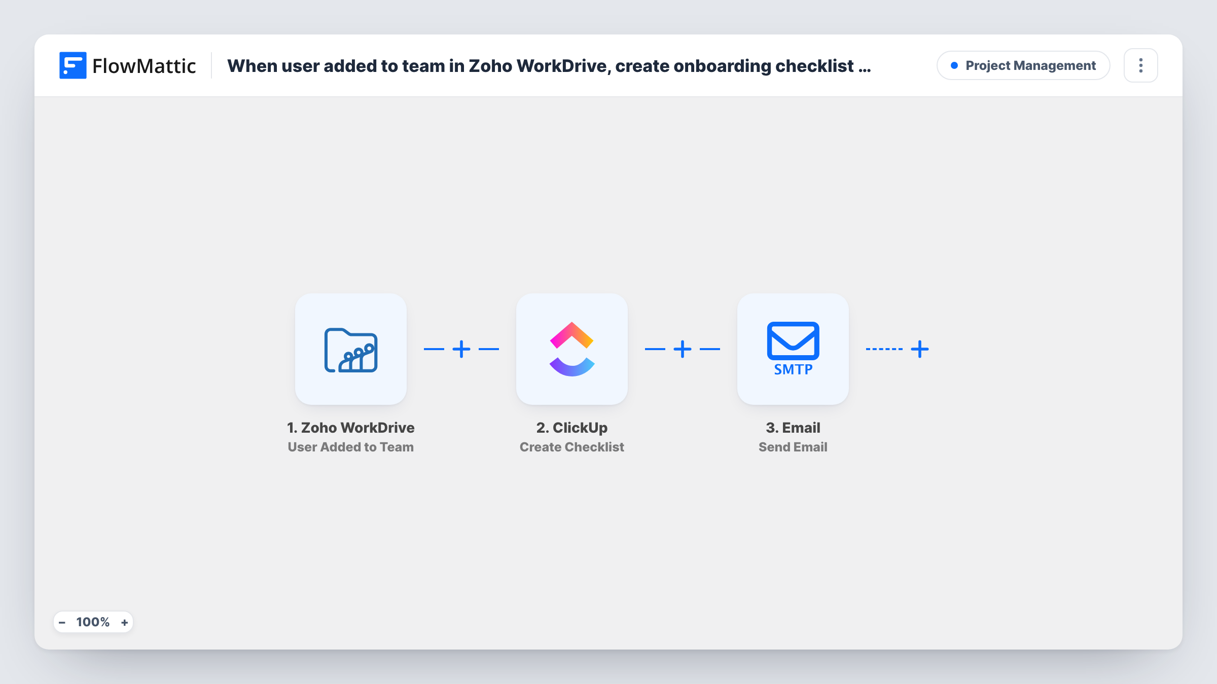 The When user added to team in Zoho WorkDrive, create onboarding checklist in ClickUp and send welcome via Email SMTP workflow on the FlowMattic canvas, with 3 steps across Zoho WorkDrive, ClickUp, Email