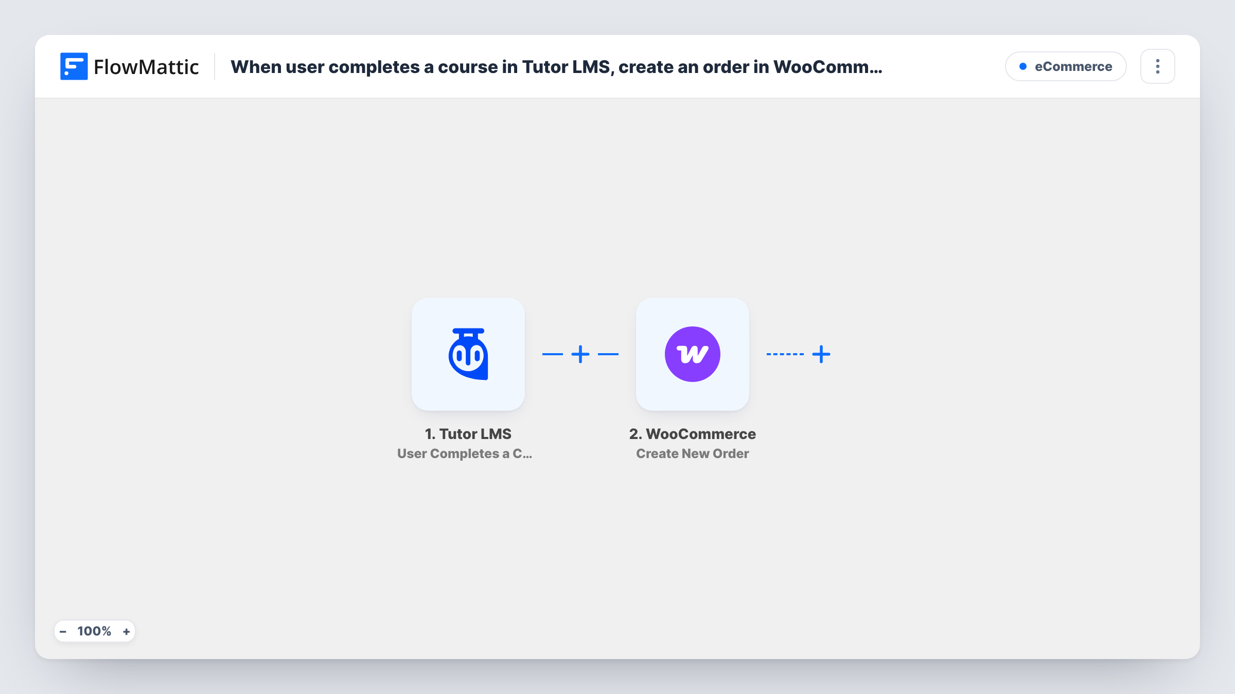 The When user completes a course in Tutor LMS, create an order in WooCommerce workflow on the FlowMattic canvas, with 2 steps across Tutor LMS, WooCommerce