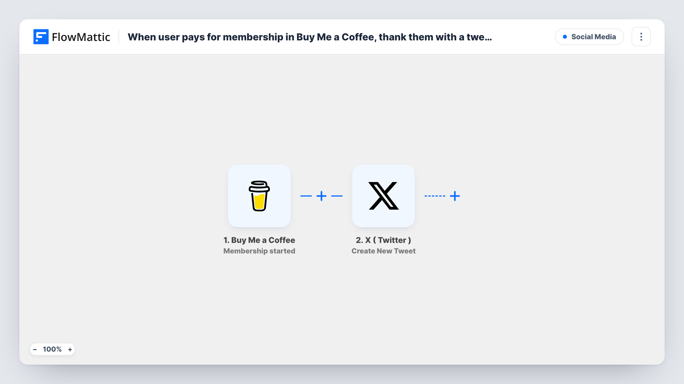 The When user pays for membership in Buy Me a Coffee, thank them with a tweet workflow on the FlowMattic canvas, with 2 steps across Buy Me a Coffee, X ( Twitter )