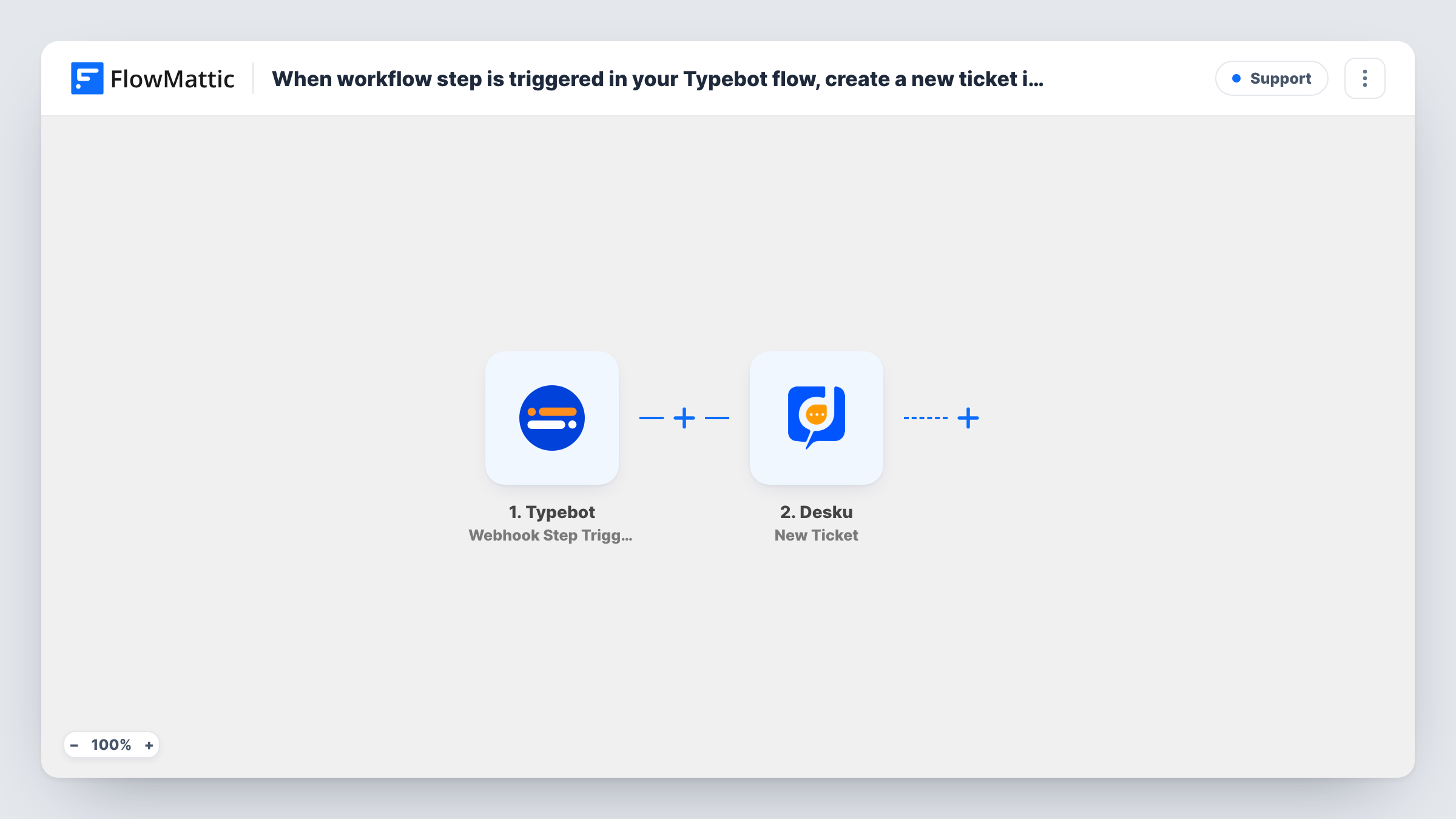 When workflow step is triggered in your Typebot flow, create a new ticket in Desku.io