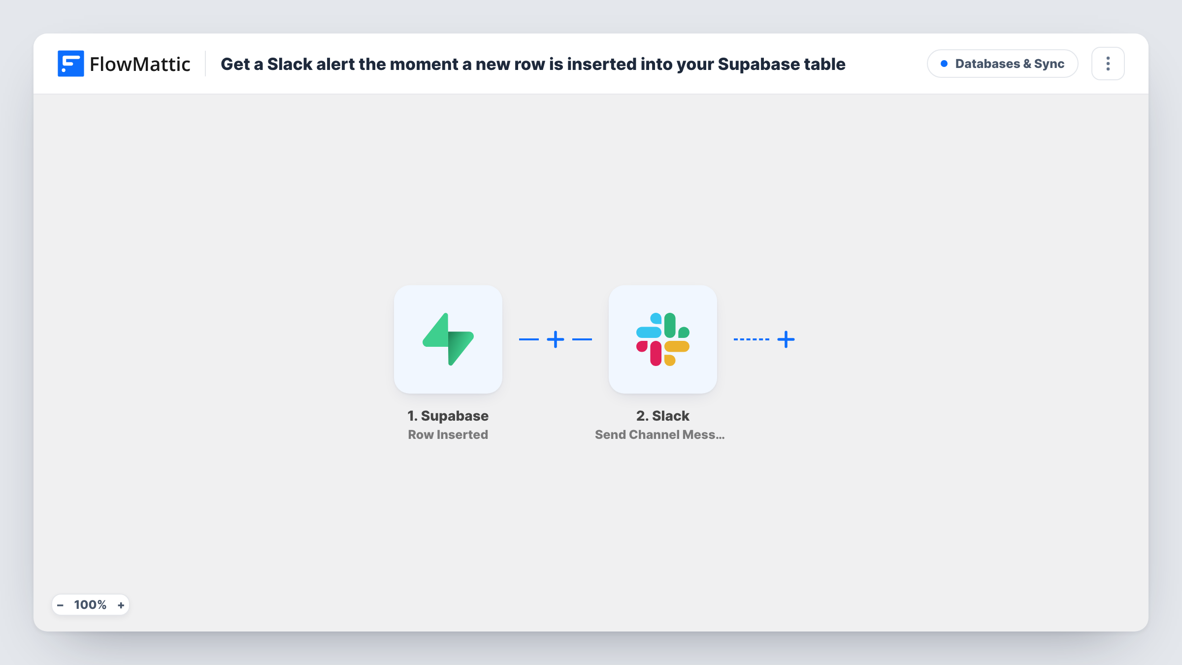 The Get a Slack alert the moment a new row is inserted into your Supabase table workflow on the FlowMattic canvas, with 2 steps across Supabase, Slack