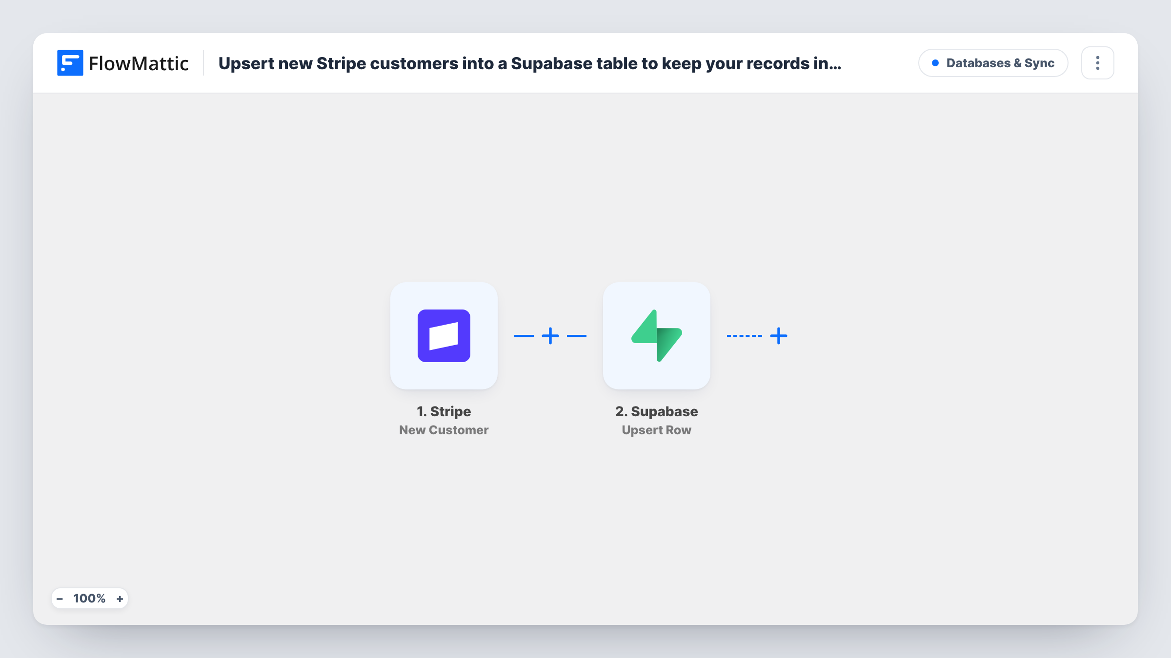 The Upsert new Stripe customers into a Supabase table to keep your records in sync workflow on the FlowMattic canvas, with 2 steps across Stripe, Supabase