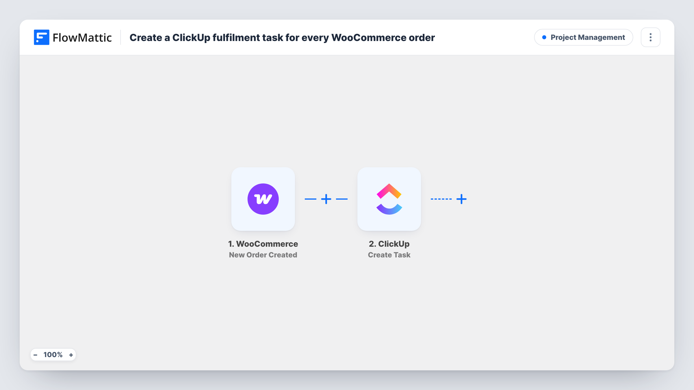 The Create a ClickUp fulfilment task for every WooCommerce order workflow on the FlowMattic canvas, with 2 steps across WooCommerce, ClickUp
