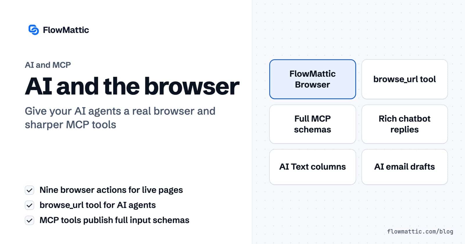 Featured image for AI and the browser, with chips for FlowMattic Browser, the browse_url tool, full MCP schemas, rich chatbot replies, AI Text columns and AI email drafts.