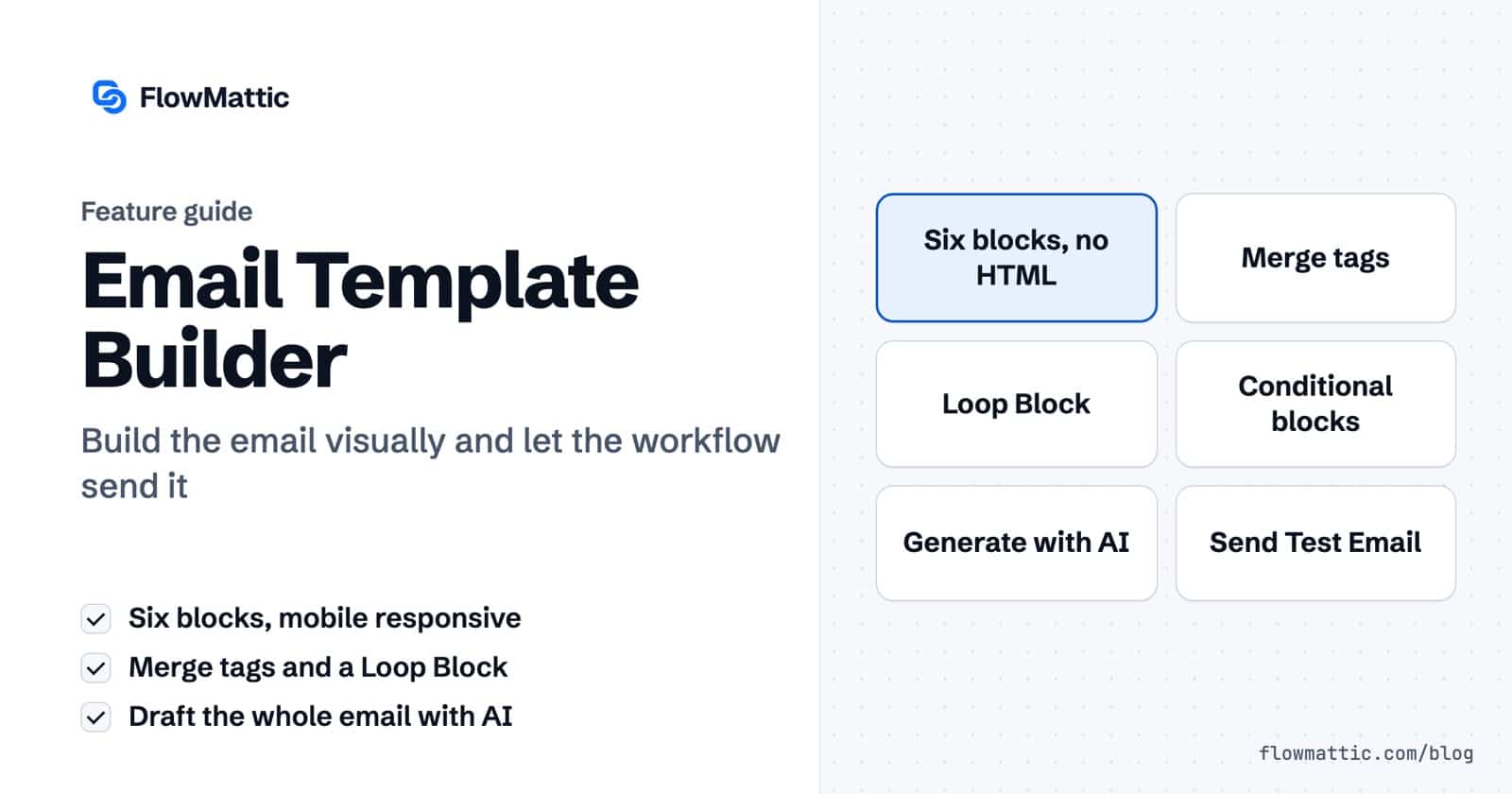 Featured image for Email Template Builder, with chips for six blocks with no HTML, merge tags, the Loop Block, conditional blocks, Generate with AI and Send Test Email.
