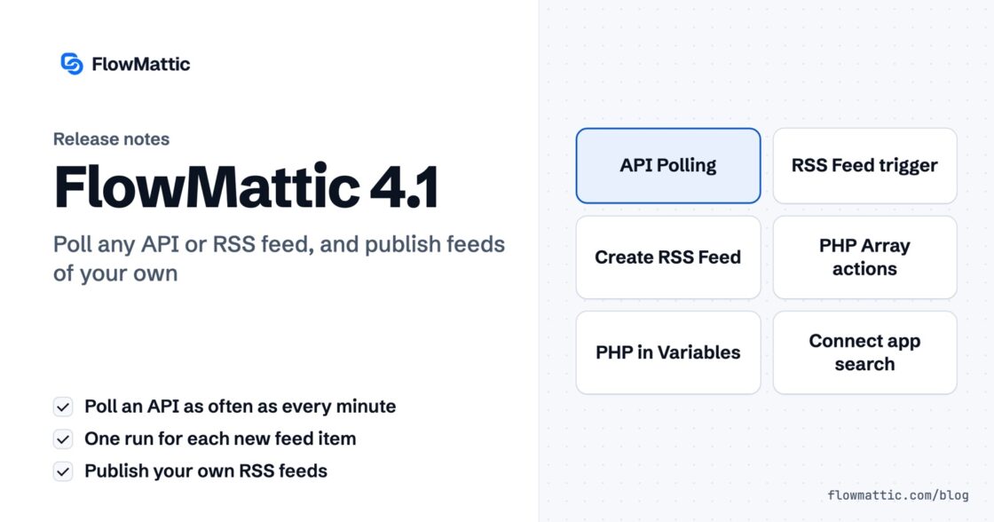 FlowMattic 4.1 release notes card listing API Polling, the RSS Feed trigger, Create RSS Feed, new PHP Array actions, PHP functions in Variables and app search in Connects.
