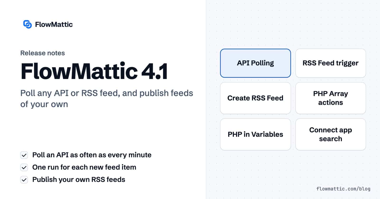 FlowMattic 4.1 release notes card listing API Polling, the RSS Feed trigger, Create RSS Feed, new PHP Array actions, PHP functions in Variables and app search in Connects.