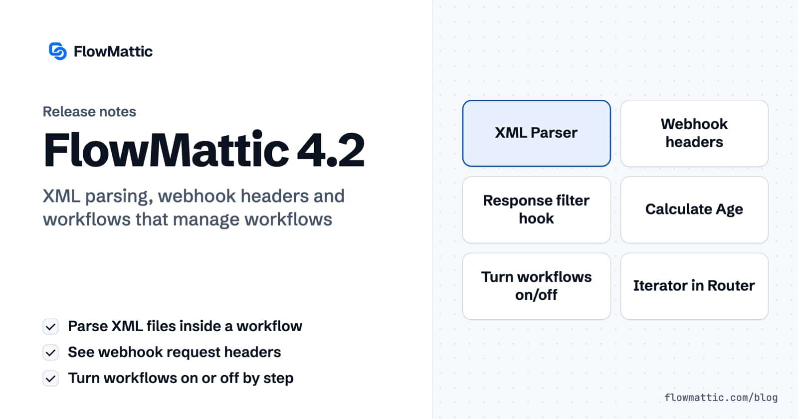FlowMattic 4.2 release notes card listing the XML Parser, webhook request headers, a response filter hook, Calculate Age, turning workflows on or off and Iterator in Router.