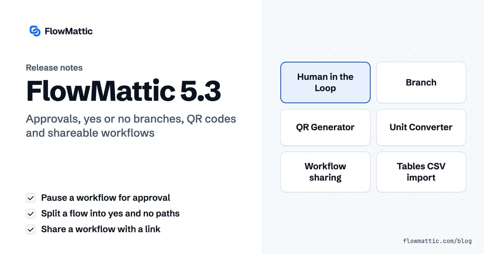 FlowMattic 5.3 release notes card listing Human in the Loop, Branch, QR Generator, Unit Converter, workflow sharing and Tables CSV import.