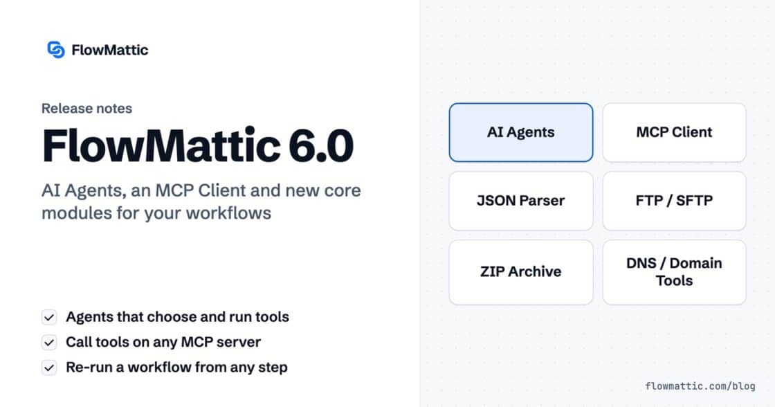 FlowMattic 6.0 release notes card listing AI Agents, MCP Client, JSON Parser, FTP / SFTP, ZIP Archive and DNS / Domain Tools.