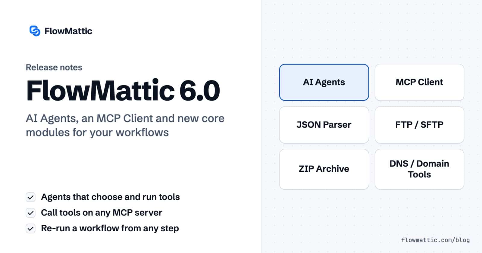 FlowMattic 6.0 release notes card listing AI Agents, MCP Client, JSON Parser, FTP / SFTP, ZIP Archive and DNS / Domain Tools.