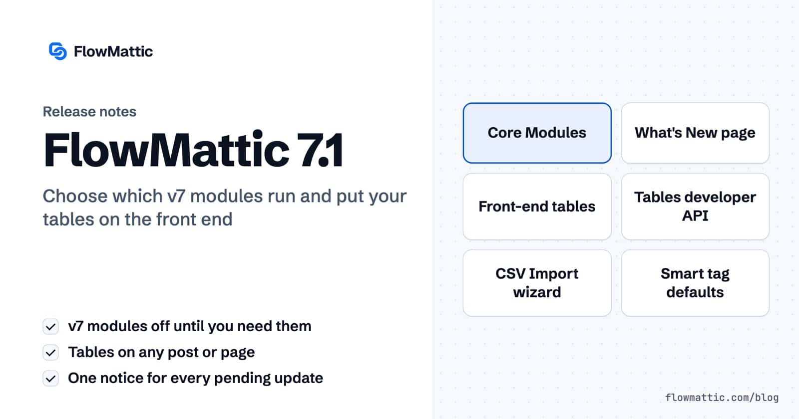Featured image for FlowMattic 7.1, with chips for Core Modules, the What's New page, front-end tables, the Tables developer API, the CSV Import wizard and smart tag defaults.